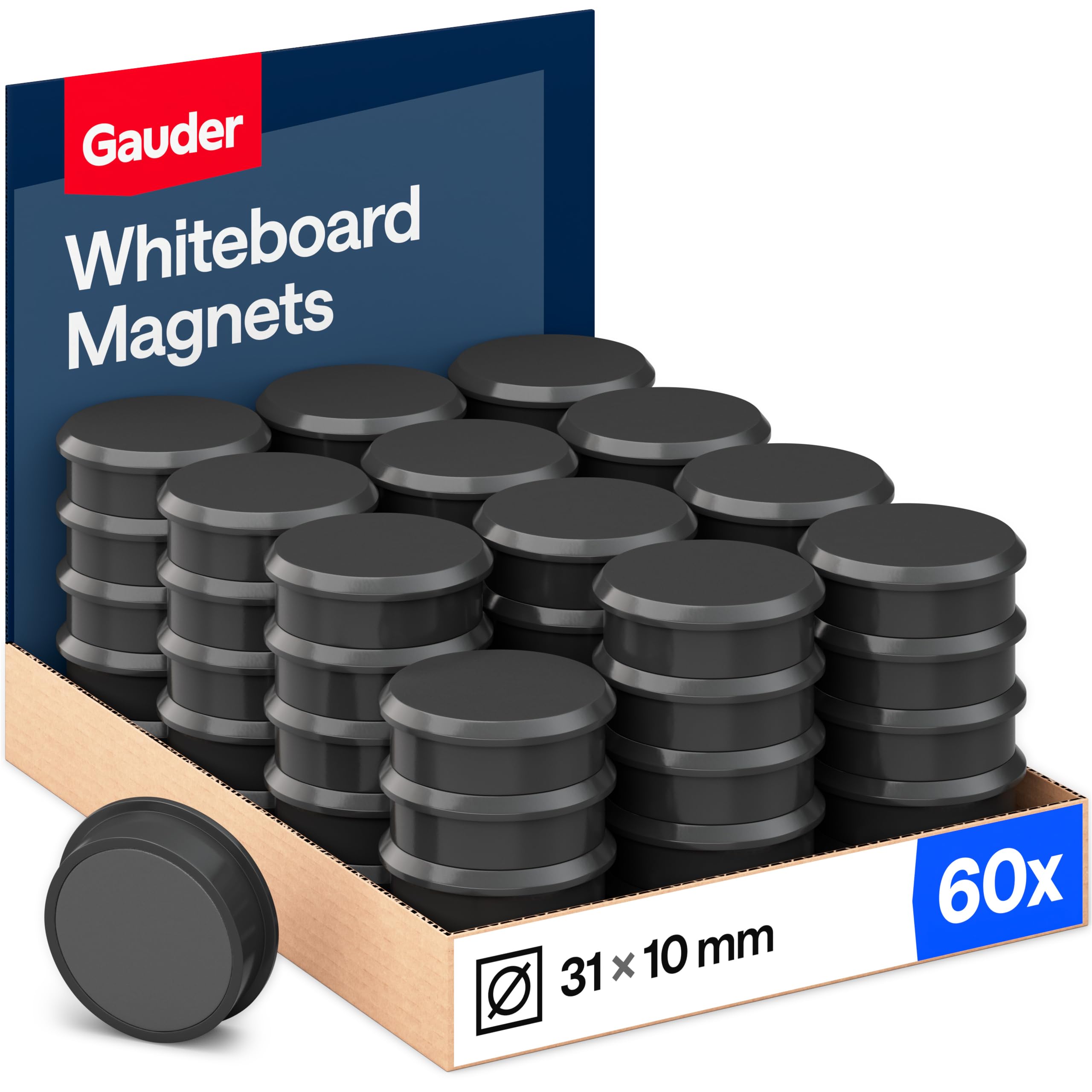 GAUDER Whiteboard Magnets - Strong Round Magnets for Fridge & Magnetic Board - Colorful Magnetic Discs for Office, School & Home (31 x 10 mm - 60 PCS - Black)