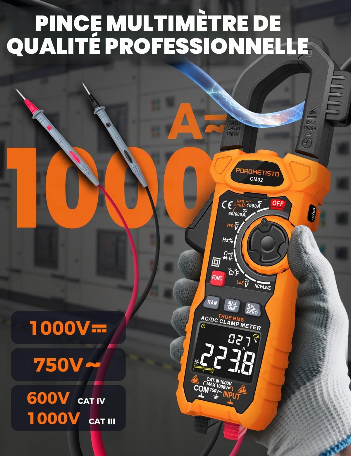 TRMS 6000 COUNTS Pince Ampèremétrique,POROMETISTO 1000A AC/DC CM02 | 1000V DC/750V AC,Mode VFD/LOZ,Multimetre Mesure AC/DC,Courant Tension,NCV,Fréquence,Température,Capacitance