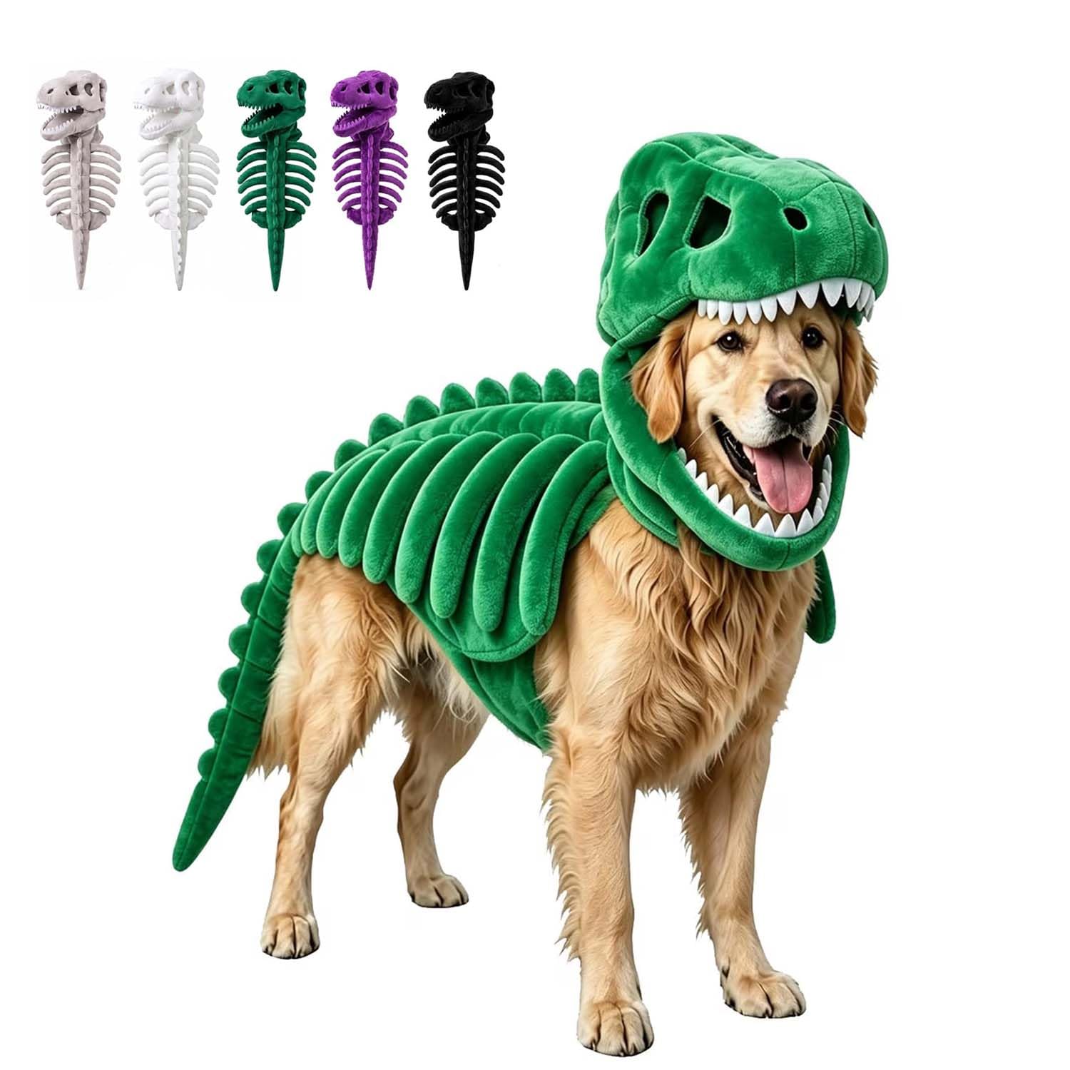 Dog Cat Pet Dinosaur Skeleton Costume,Funny Halloween Costumes，Green：XXL | Prehistoric Bone Pet Clothes with Dino Head Cover and Back,Pet Cosplay Outfits For Party Supplies,Medium Large Dogs Cats