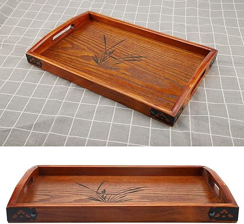 Miniatura 3 de Bandeja de servir, asas rústicas, bandeja de desayuno de madera de fácil agarre, base estable sin volcar sobre plato de comida para servir té, café,