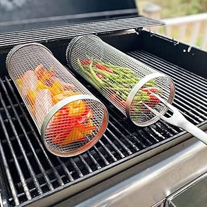 Daioloes BBQ Net Tube 2 Pack, Rolling Grilling Basket 12 Inch, Non-Stick Barbecue Basket Rotisserie with Removable Mesh Cover, Grill Tool with 2 Bbq Fork, Grilling Accessories Gifts for Men Dad AB
