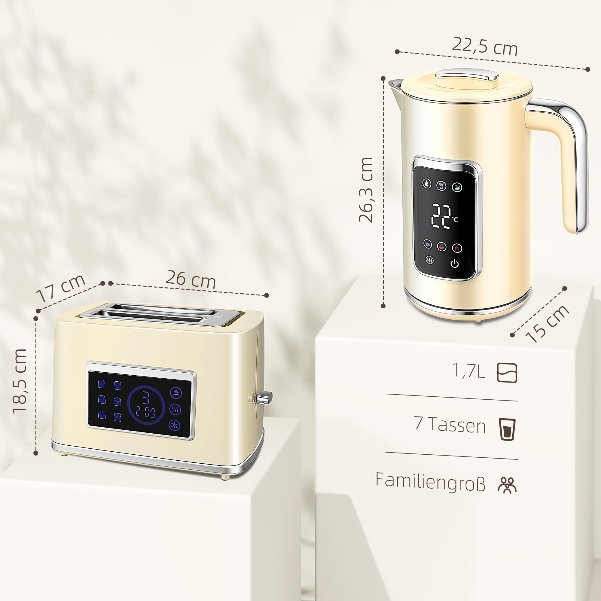 HOMCOM Wasserkocher Toaster Set 1,7L Edelstahl 2200W mit Memory-Funktion 55-90°C Warmhaltefunktion 2 Scheiben Toaster 6 Bräunungsstufen Creme