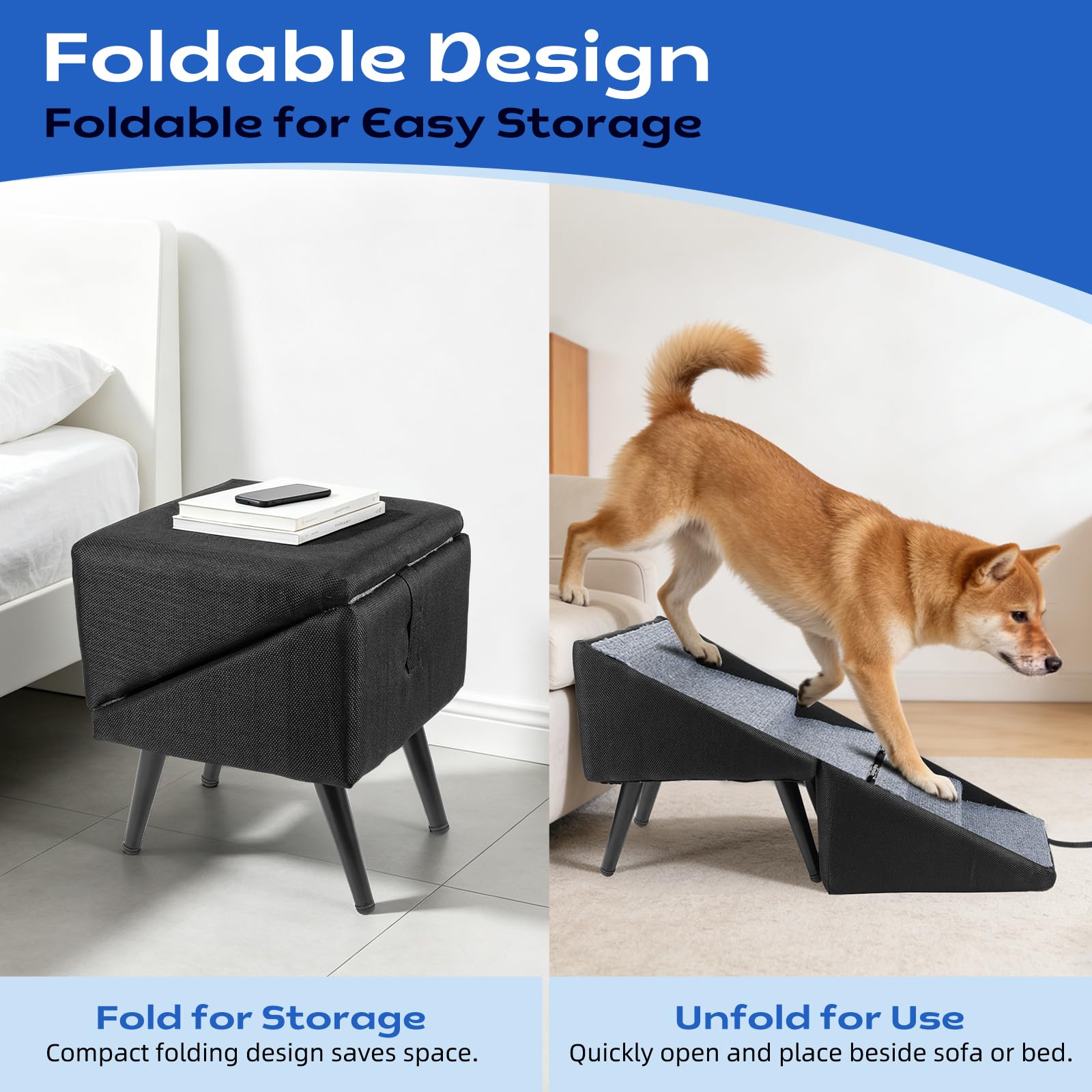 Escalier Pliable pour Chien et Chat Petite Taille, Marchepied Antidérapant | Revêtement en Coton et Lin, Pieds en Métal Stables, Escalier Pliable pour Canapé et Lit, Cadre en Bois, 74,5 × 27,5 × 34 cm