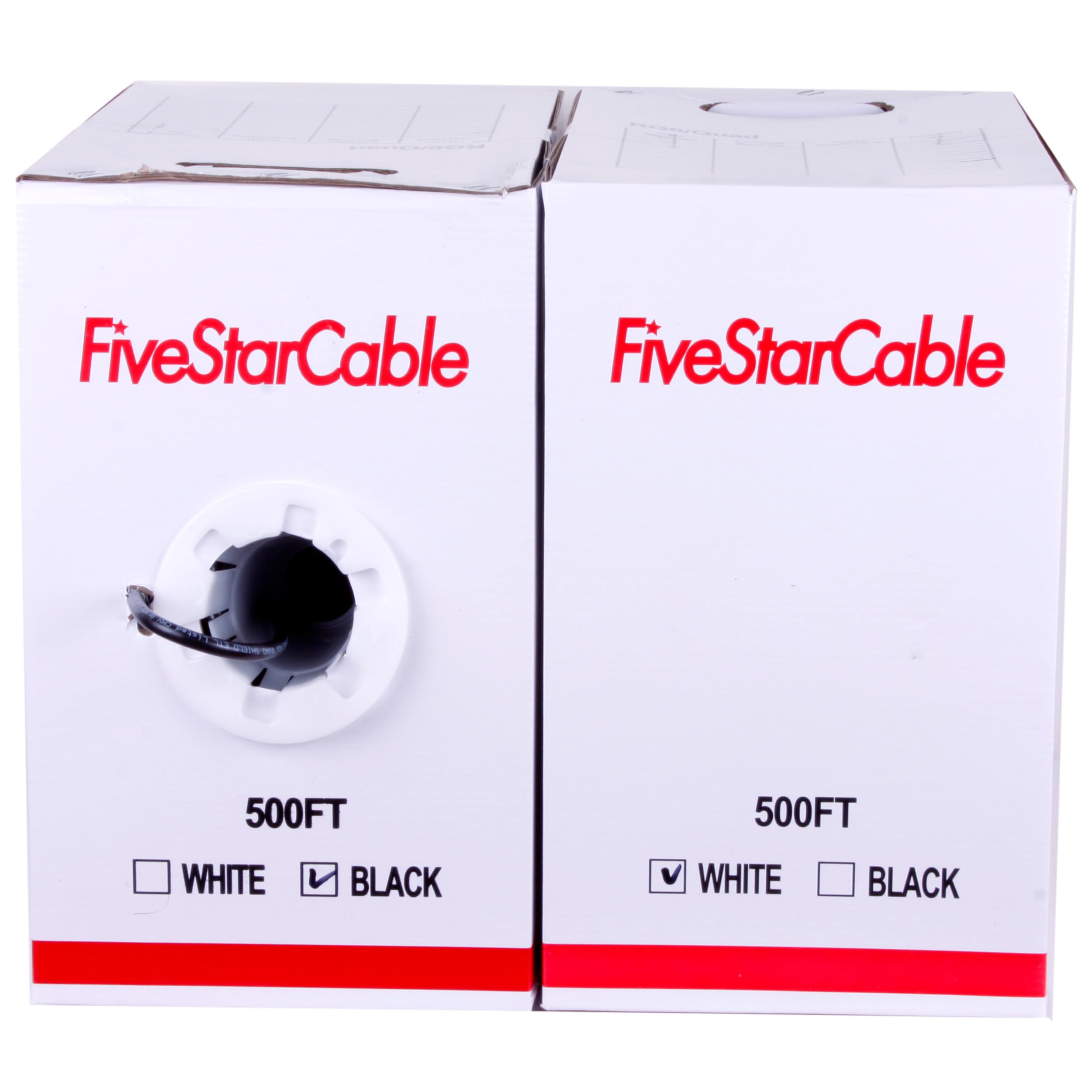 RG6 - Cable coaxial blindado cuádruple de 500 pies, caja de extracción fácil, blanco y negro, clasificación ETL, CL2, 18 AWG, 75 ohmios, para instalaciones de HDTV, satélite, televisión