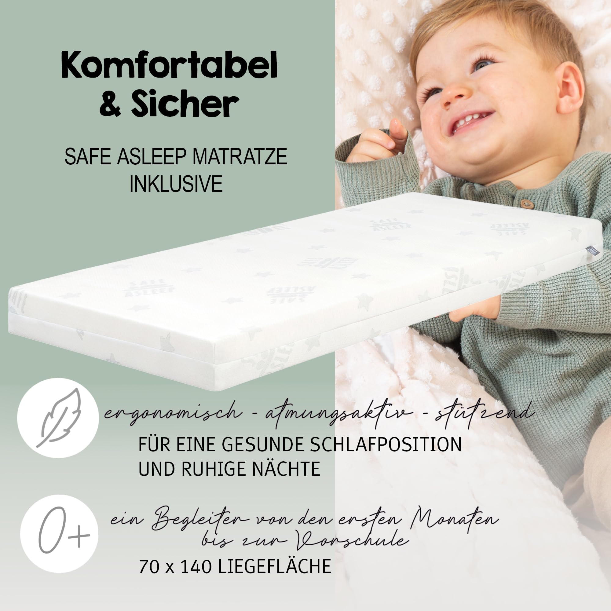 roba Ensemble Complet de Lit Bébé Woodland Buddies - Lit Évolutif 70 x 140 en Bois + Matelas, Linge de Lit, Baldaquin et Support de Baldaquin - À Partir de 6 Mois - Blanc