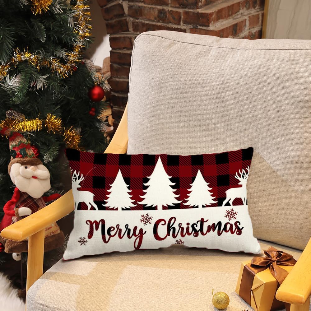 Fundas De Almohada Rojas Y Negras De Búfalo A Cuadros Navideñas De 12 X 20 Pulgadas, Fundas De Almohada Con árboles De Navidad, Fundas De Almohada De Merry Christmas, Fundas De