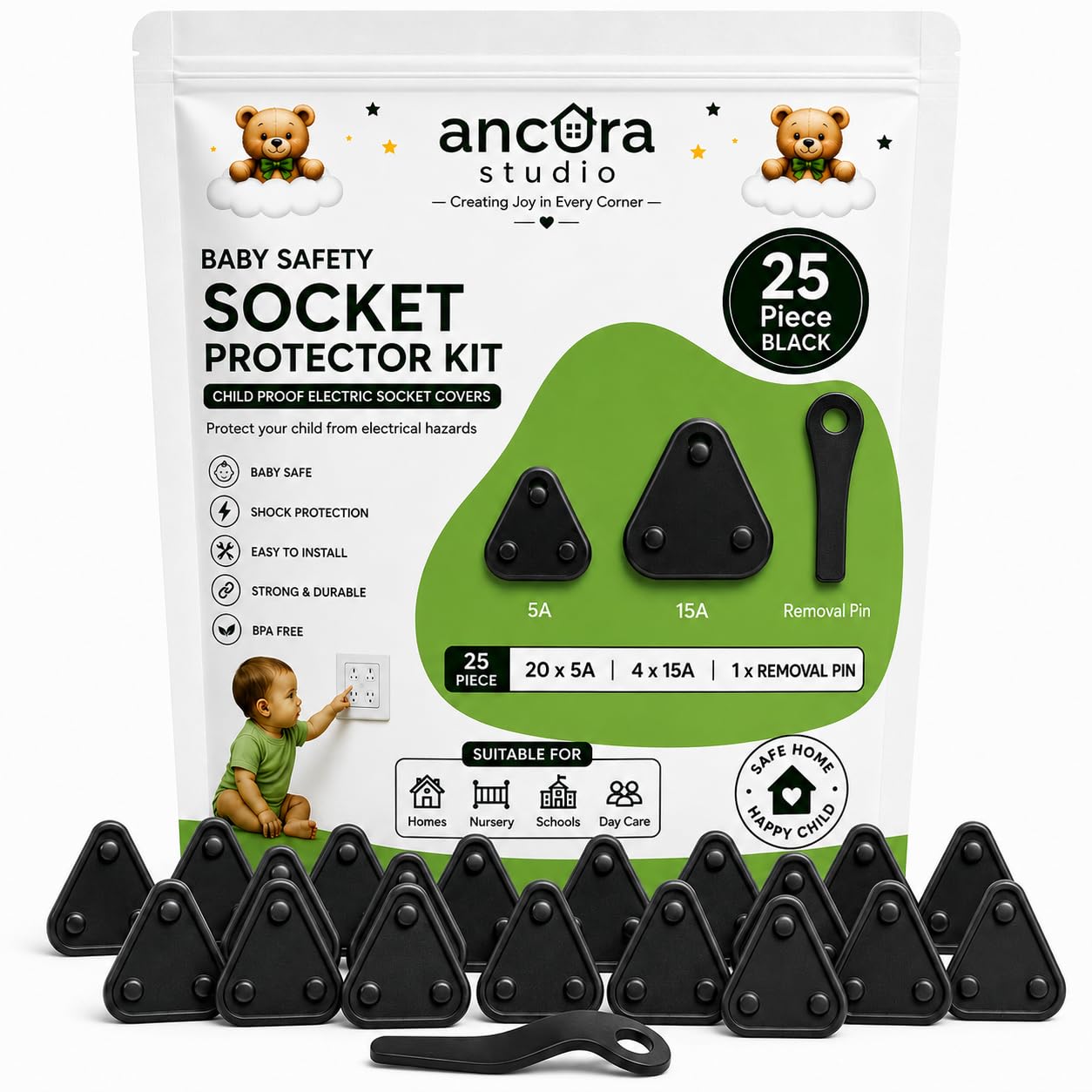 Baby Proofing Socket Plug Covers 25 Pcs - Baby Safety Socket Protector for Kids, Child Safety Switch Board Plug Protector for Electrical Sockets, ABS Dummy Plugs Cover Guards for Child Safety - Black