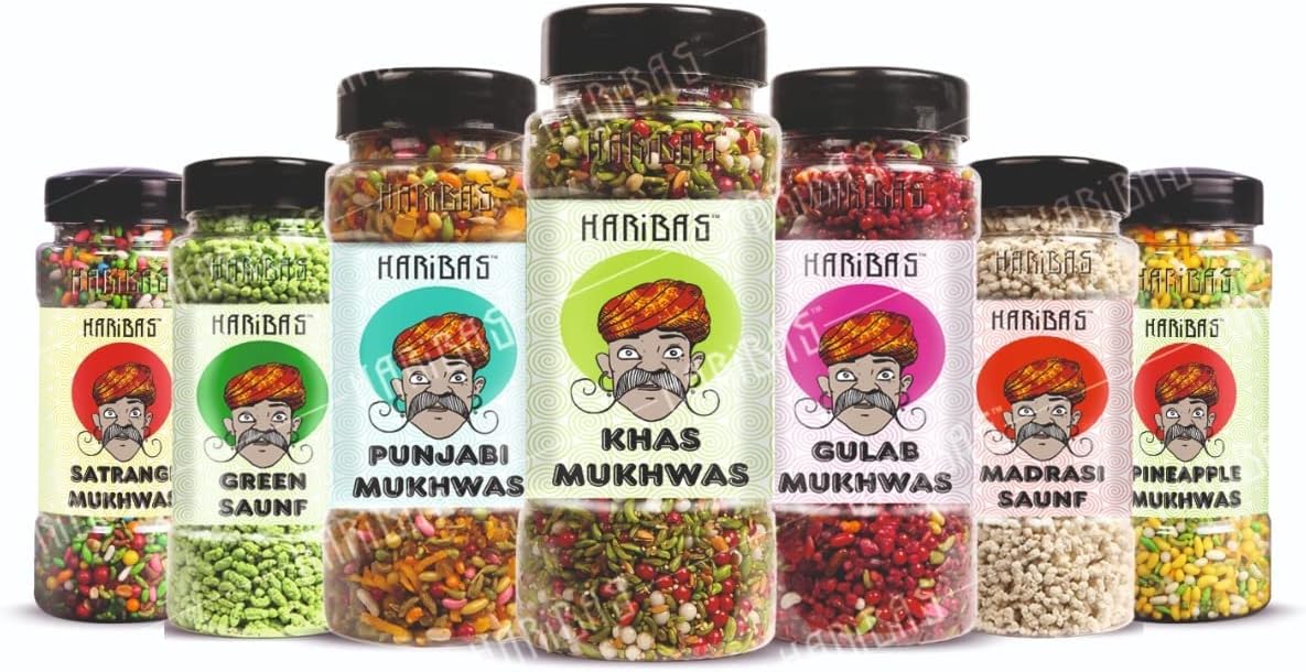 HARIBAS Combo Pack Of 7, Mouth Freshener Green Saunf Mukhwas 180gm,Madrasi Mukhwas 150gm,Gulabi Mukhwas 200gm, Pineapple Mukhwas 200gm, Satrangi Mukhwas 200gm, Punjabi Mukhwas 200gm, Khas Mukhwas 180gm