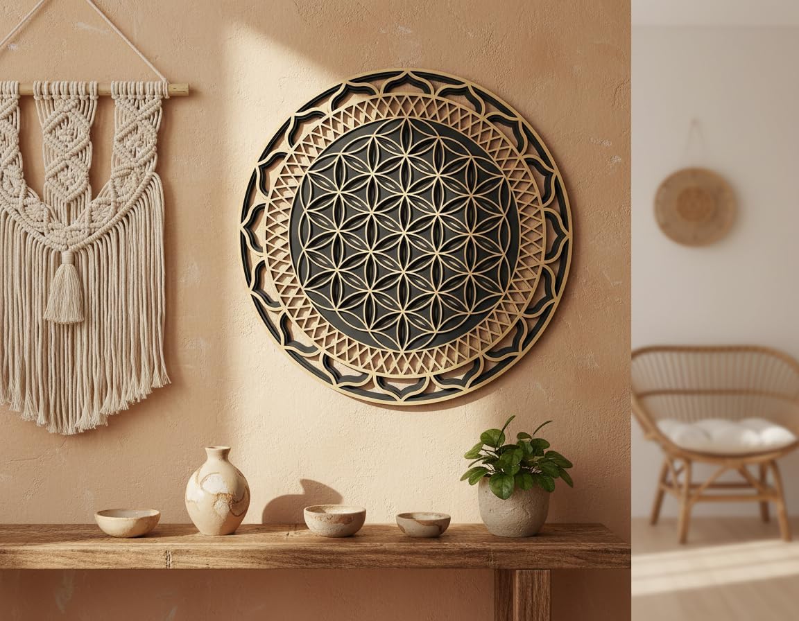 Flower of Life Wooden Wall Art 40 cm (15.7"), Multilayer Sacred Geometry Mandala, Black Gold Flower of Life Wall Hanging, Yoga Studio Meditation Decor