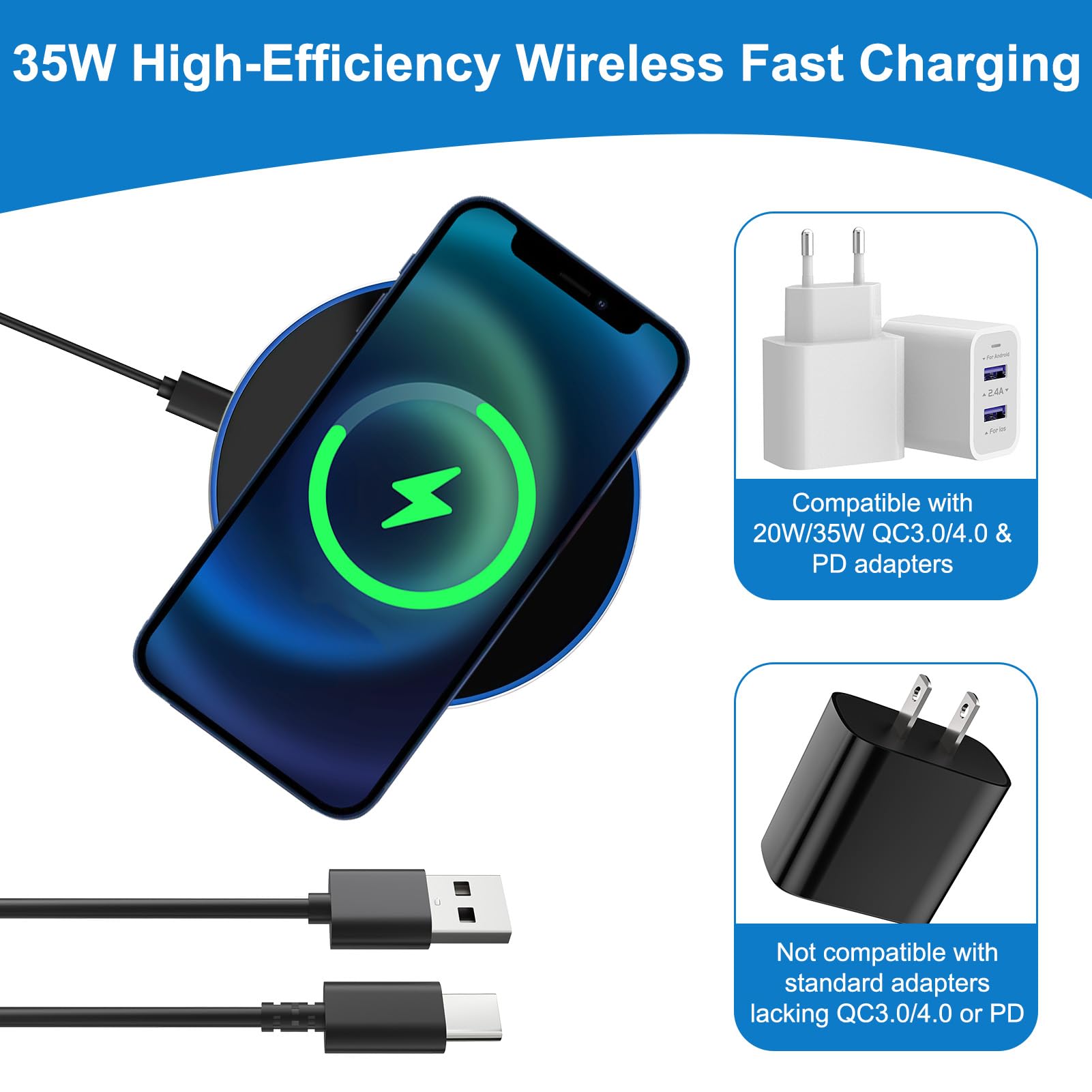 Bezprzewodowa ładowarka indukcyjna 35 W, ładowarka indukcyjna Qi z kablem USB-C, bezprzewodowa ładowarka, kompatybilna z i-Phone 17/16/15/14/13/12, Sam-Sung S25 Ultra/S24+/S23 FE, GOO-gle Pixel 9/8