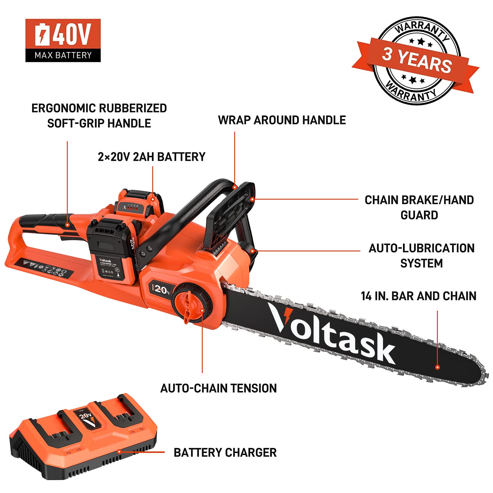 Voltask Cordless Chainsaw, 40V 14Inch Brushless Electric Chainsaw with Auto Chain Tension