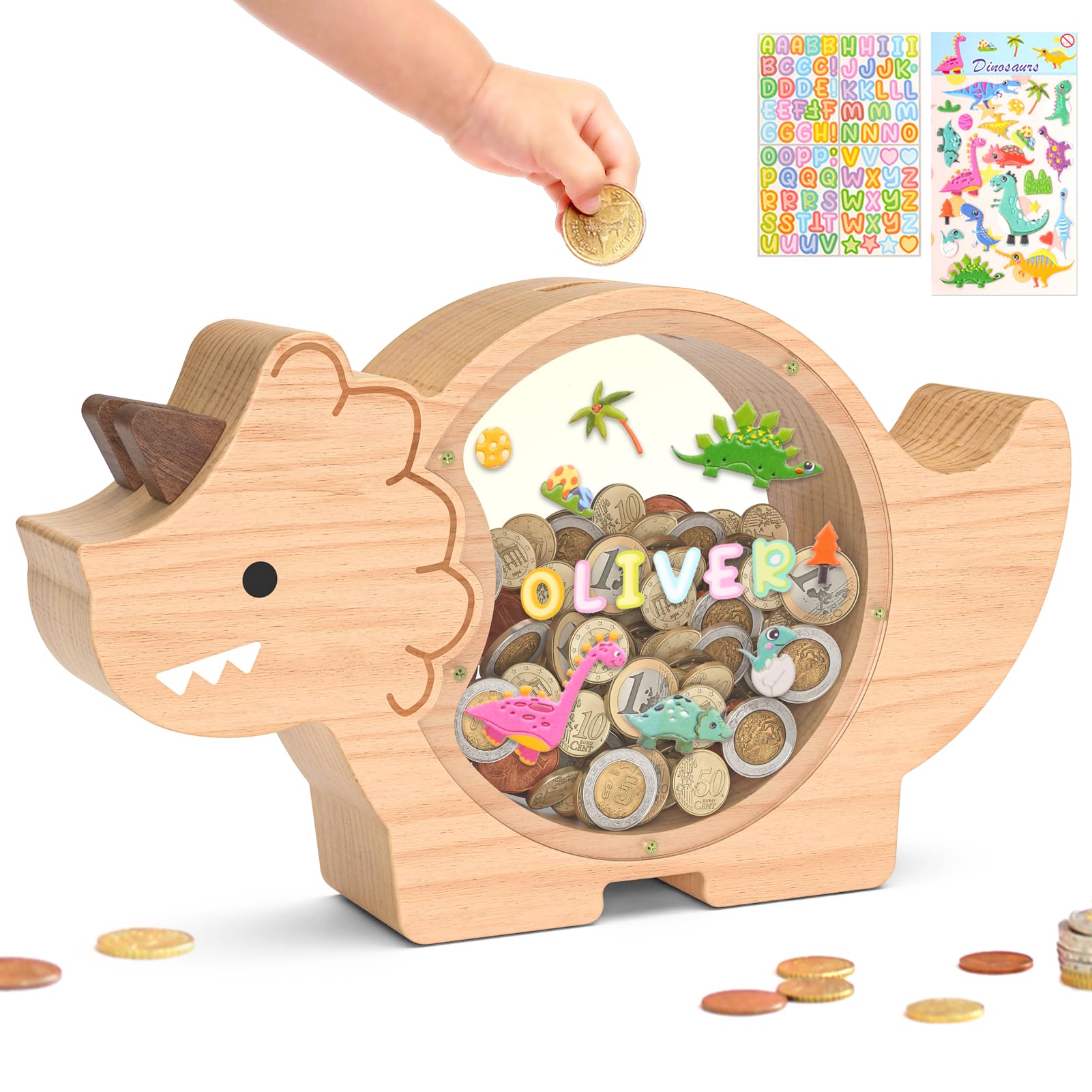 Summidate Salvadanaio in Legno a Forma di Dinosauro per Bambini Maschi, Simpatico Salvadanaio in Legno Dino per Bambini Piccoli, Barattolo Creativo per Risparmiare Monete, Regalo Personalizzato per