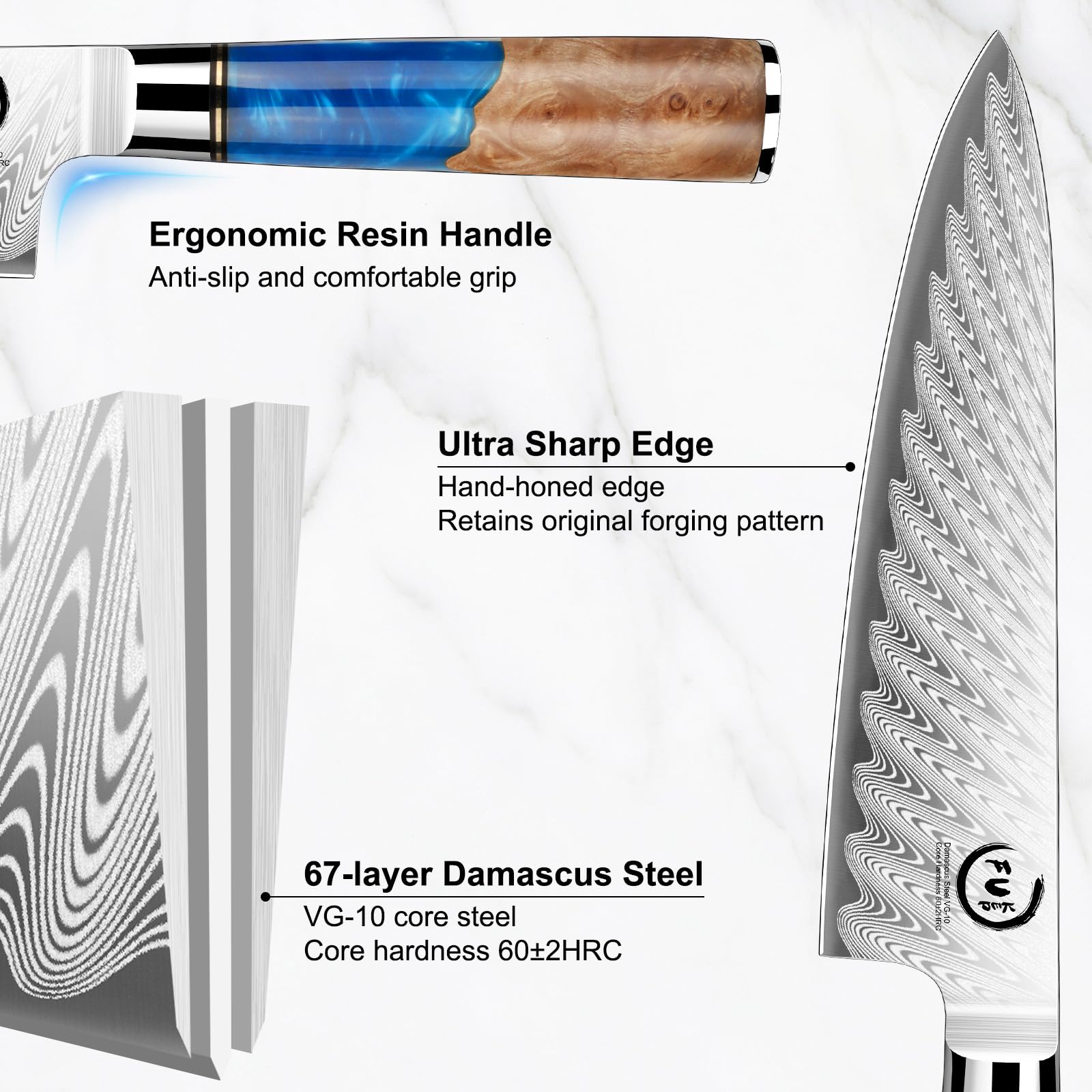 Damascus Chef Knife 8 Inch, Japanese Kitchen Knife with VG10 Steel — Amazon image 3