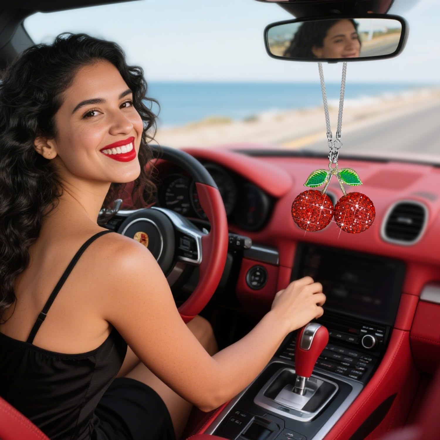 Bling Cherry Car Accessories Interior for Women, Cute Red Crystal Rear View Mirror Accessories, Sparkly Diamond - Adorned Lucky Car Interior Charms