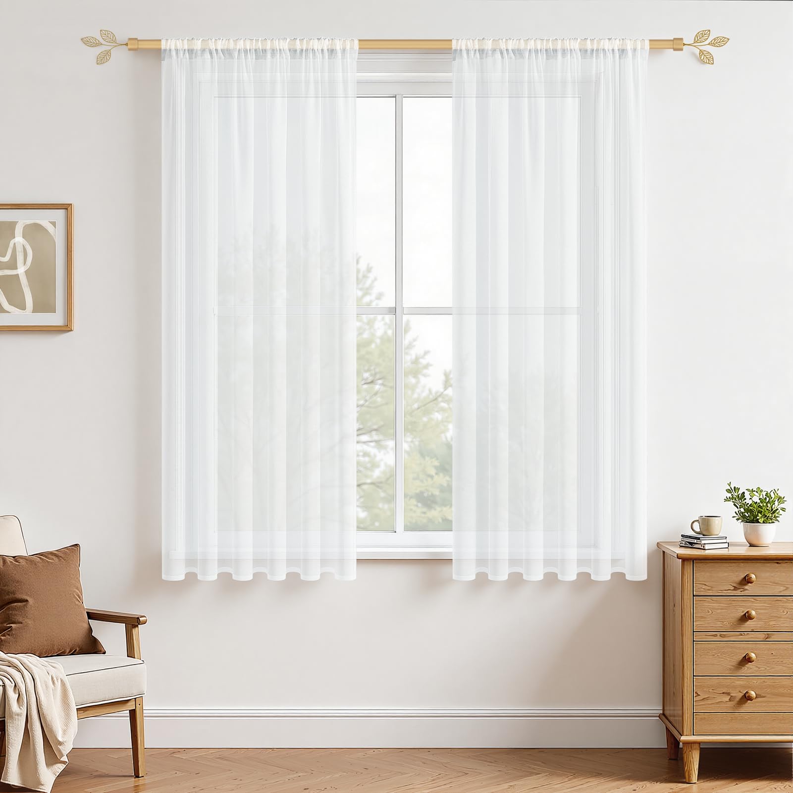 MRTREES Vorhänge Gardinen mit Store Vorhang Voile halbtransparent kurz in Leinenoptik Gardine Schals Weiß 175×140cm (H×B) für Wohnzimmer Schlafzimmer Kinderzimmer 2er Set