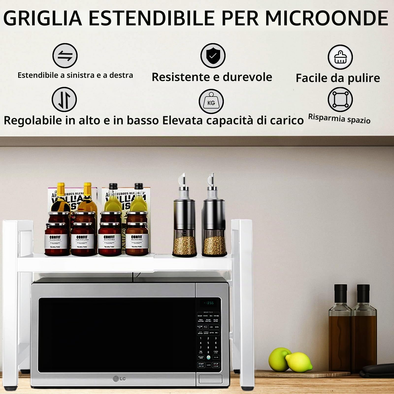 Scaffale allungabile per microonde a 2 ripiani con 6 ganci, supporto per forno a microonde, scaffale da cucina per piano di lavoro, allungabile da 40 a 64 cm, bianco