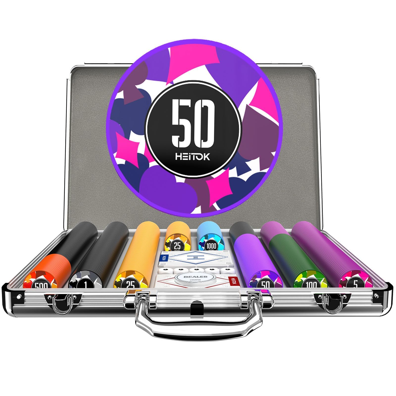 HEITOK Poker Chips 500pcs 11.5g with Denominations, Casino Numbered Chips Set with Aluminum Case Included 2 Decks of Playing Cards