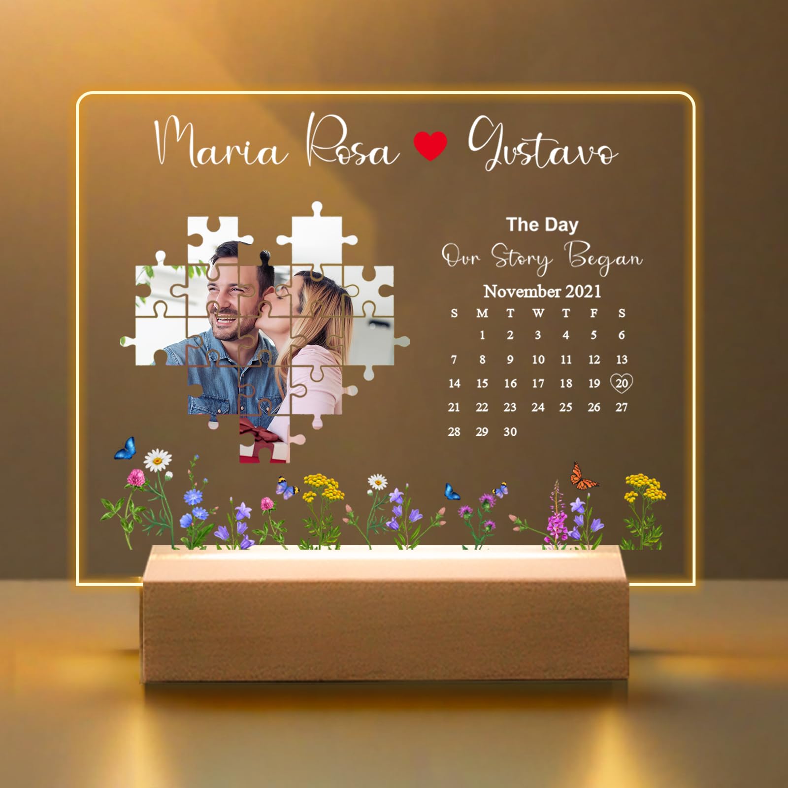 FCLYDER Custom Acrylic Plaque Printed with Photo, The Day I Found My Missing Piece Light Frame, Customized Picture Frame With LED Night Light, Gifts for Couples, Valentine's Day
