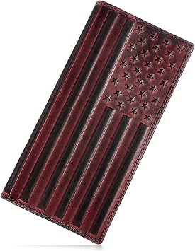 Pefiam Long Wallet for Men Leather, Mens Checkbook Wallet Rodeo, Large Western Cowboy Wallet Bifold, RFID Blocking, Gift for Men American Flag, Red