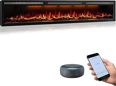 95" Electric Fireplace, Recessed/Wall, WiFi App, Alexa, 78 Colors