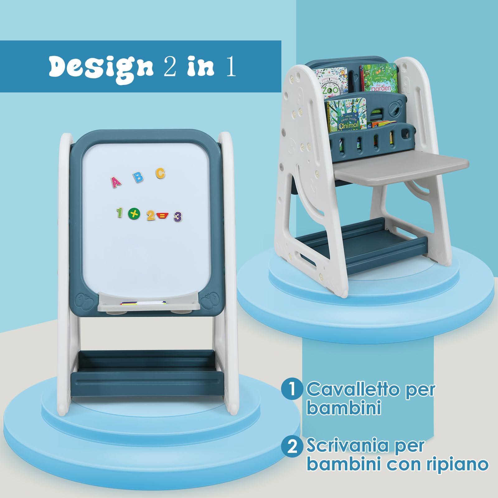 COSTWAY Set 2 in 1 Cavalletto per Bambini, Lavagna Magnetica Multifunzione Bifacciale, Libreria Bambini Altezza Regolabile, con Sedia e Accessori (Blu)