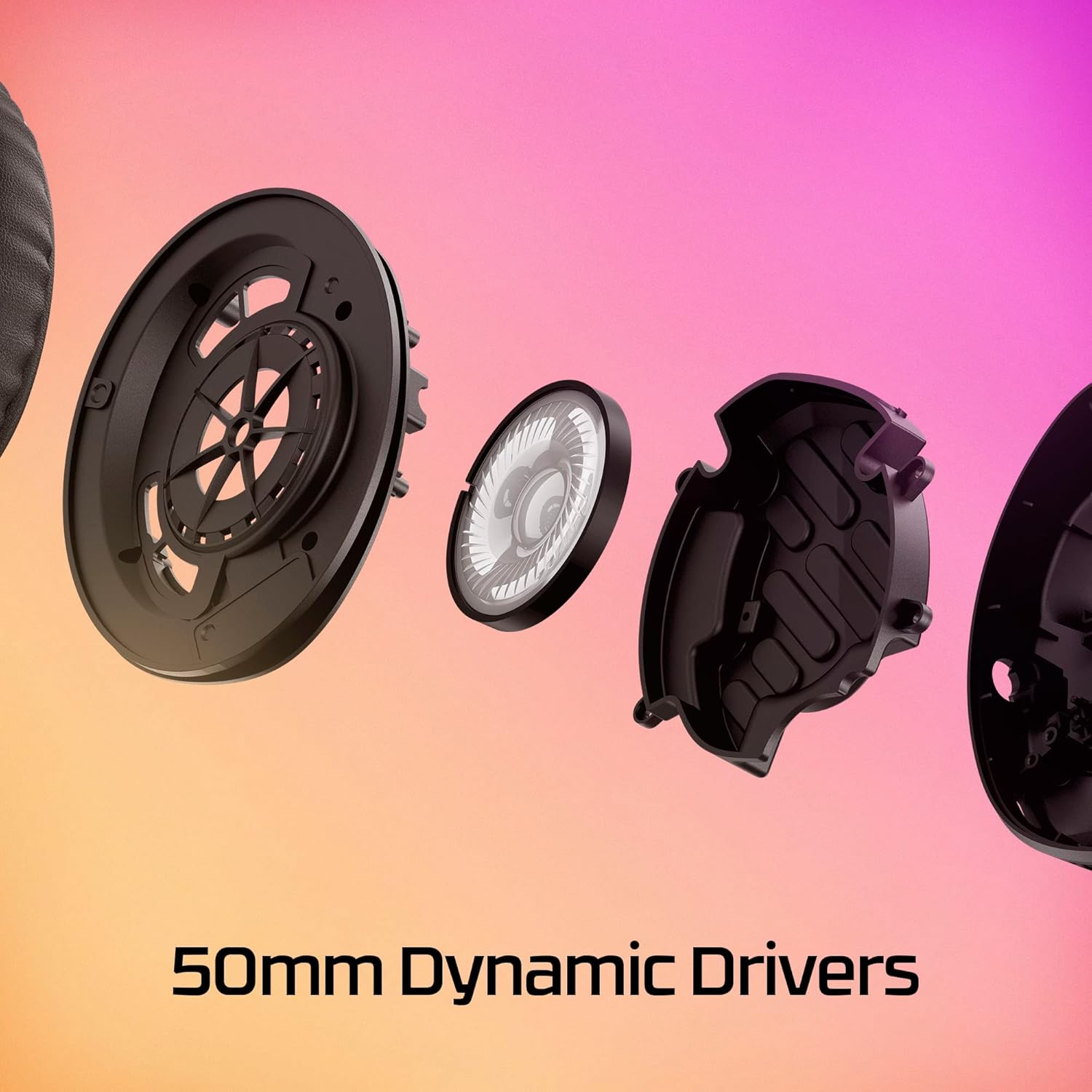 Exploded view of HyperX Cloud Stinger 2 earcup components, highlighting the 40mm dynamic drivers
