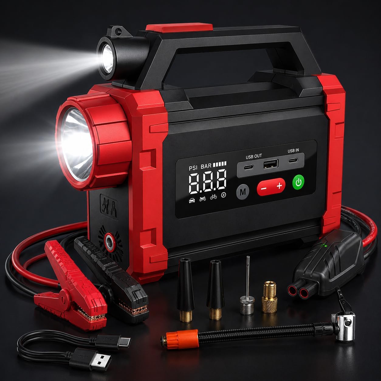 X8 2400A Jump Starter 150 PSI Air Compressor 12V Lithium Battery Booster Pack, Portable Jump Box, Power Bank & Jumper Cables for Max 8.0L Gas Engines and Max 6.0L Diesel Engine