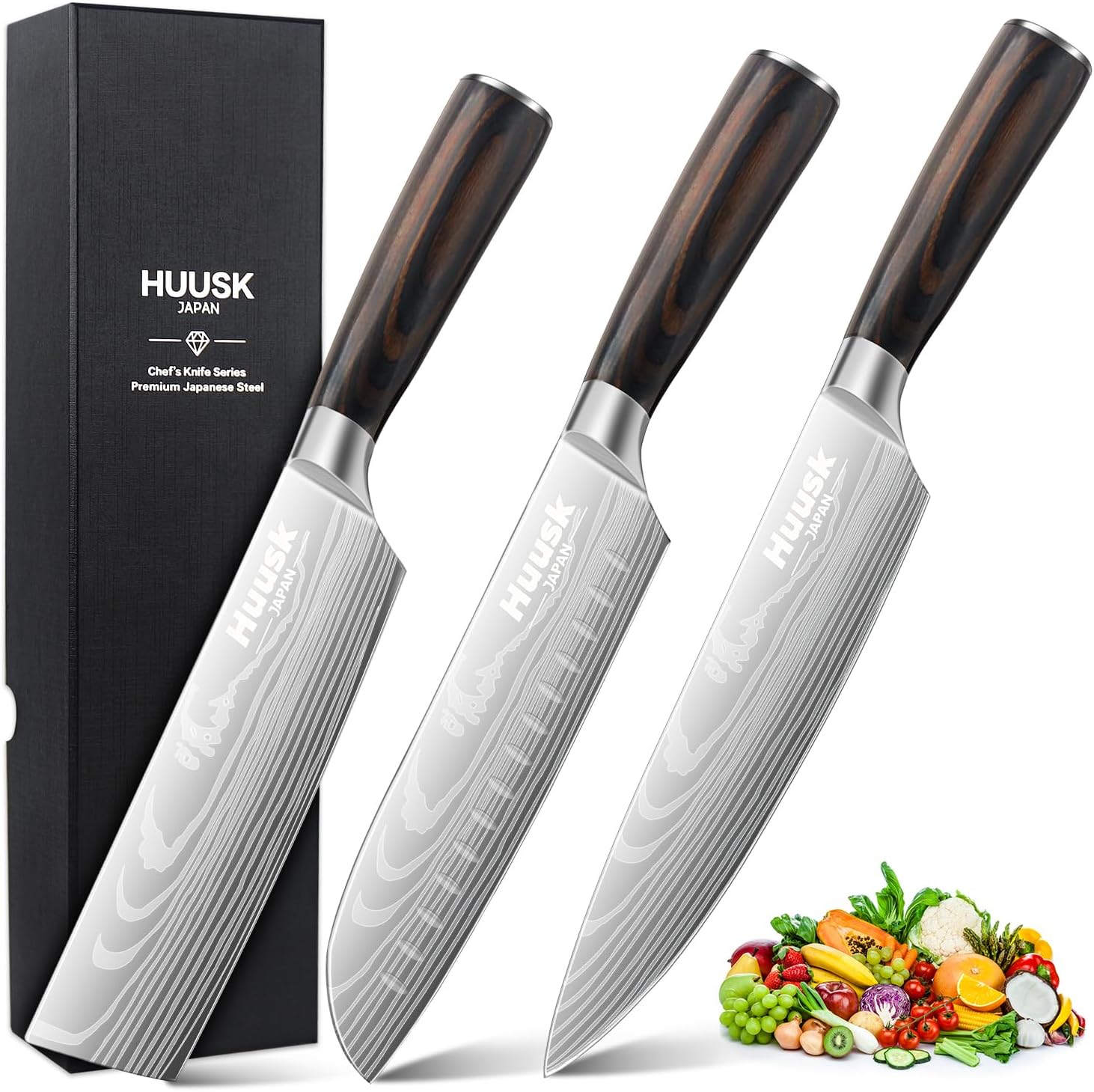 Huusk Nakiri Chef Knife Set, 3PCS Japanese Steel 6.8 Inch