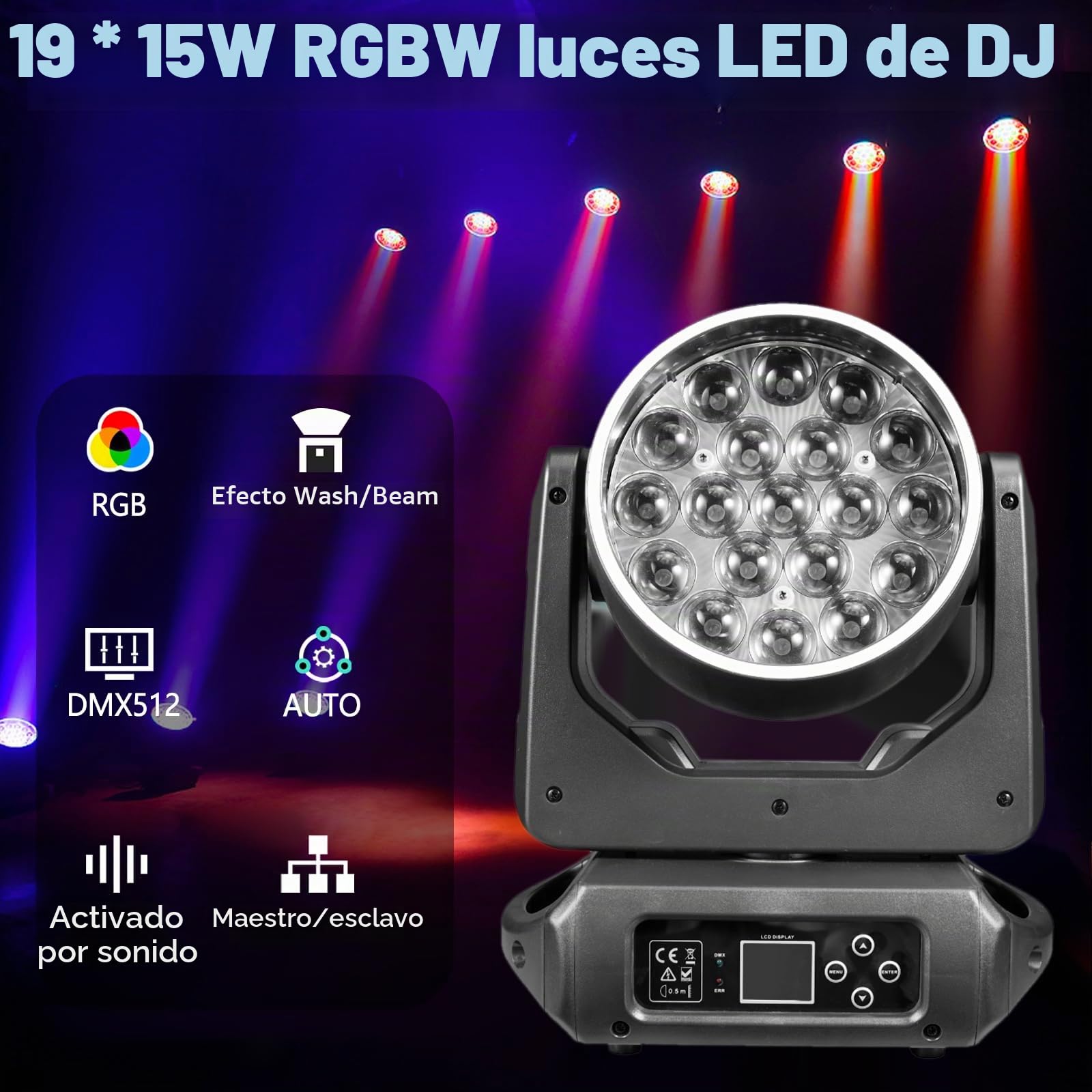 Proyector de escenario profesional de cabeza móvil, 19 LED RGBW 15W, 17/25 canales con zoom, control DMX 512, operación automática, activación de sonido, efecto Wash & Beam para fiesta (1 paquete)