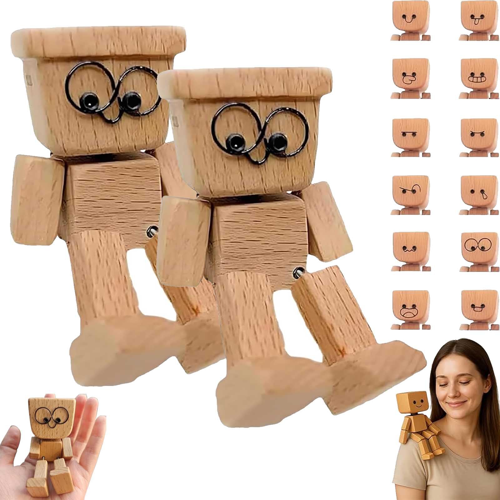 WEIWOGU Wooden Figure With Spring Legs,Charming Little Wooden Figure That Sways With 12pcs Magnetic Expressions, Unique Shaking Woodens Man Figurine, Funny Cars Ornaments Wood Desktop Decor (2PCS B)