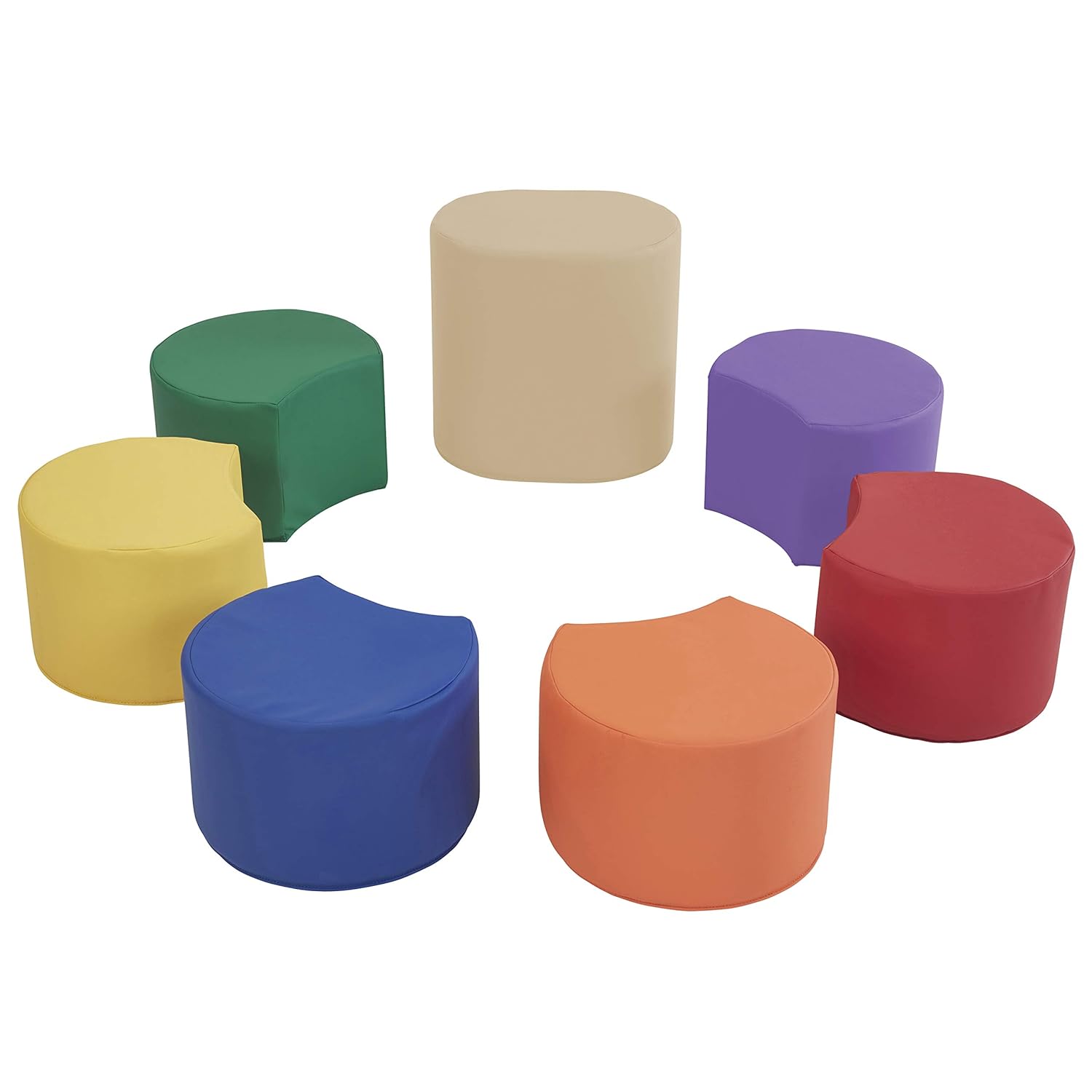 FDP SoftScape Crescent Soft Stool Set with Teacher Seat, Modular Colorful Flexible Seating for Classrooms and Daycares (7-Piece Set) - Assorted