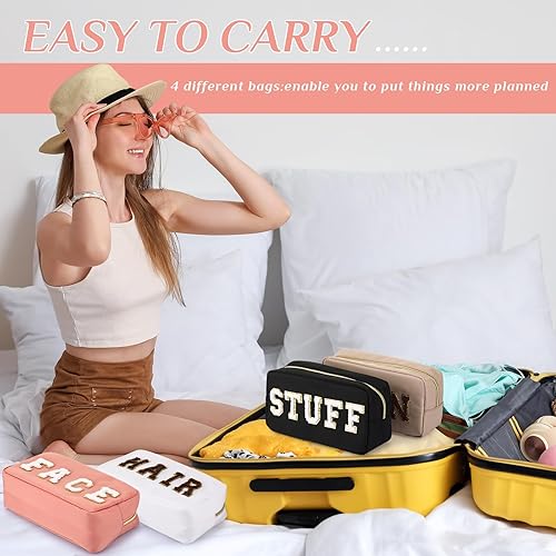 Miniatura 5 de Remerry 4 bolsas de cosméticos de nailon, organizador de viaje, con letras de chenilla, bolsa de maquillaje con cremallera, impermeable, bolsa de