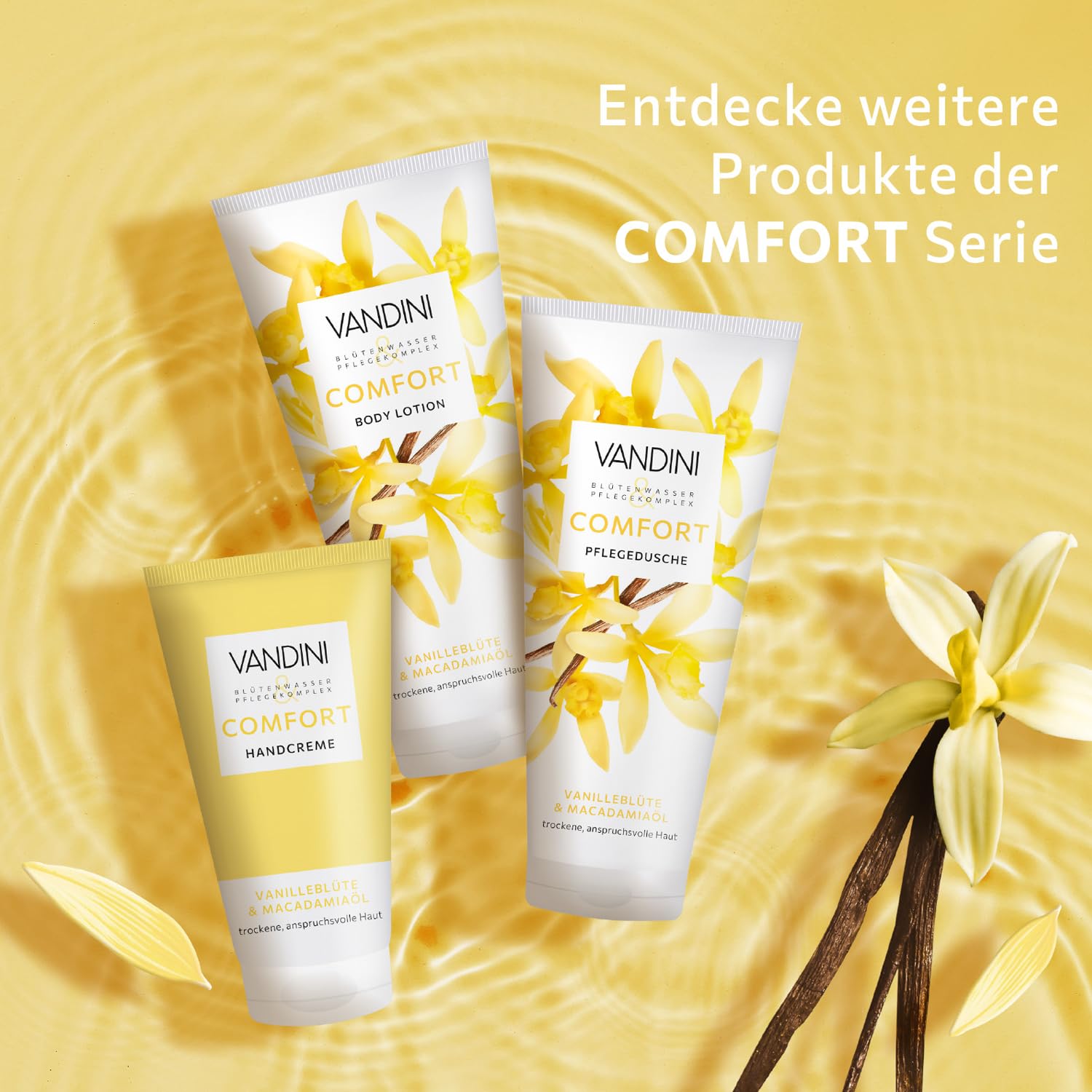 VANDINI 6 x COMFORT Balsam do ciała dla kobiet, 200 ml, z kwiatem wanilii i olejkiem makadamia – balsam do ciała do suchej, wymagającej skóry – wegański, bez parabenów i silikonów, Made in Germany