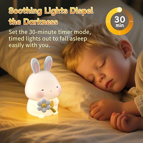 Miniatura 6 de Luz nocturna de conejo para niños, bonita lámpara de silicona suave de conejo, luz nocturna de guardería de bebé, regulable al tacto, batería de