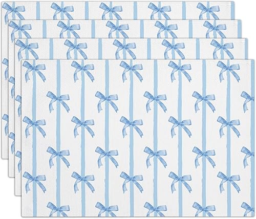 Juego de 4 manteles individuales con lazo azul, 12 x 18 pulgadas, impermeables, lavables, resistentes al calor, manteles individuales para comedor,
