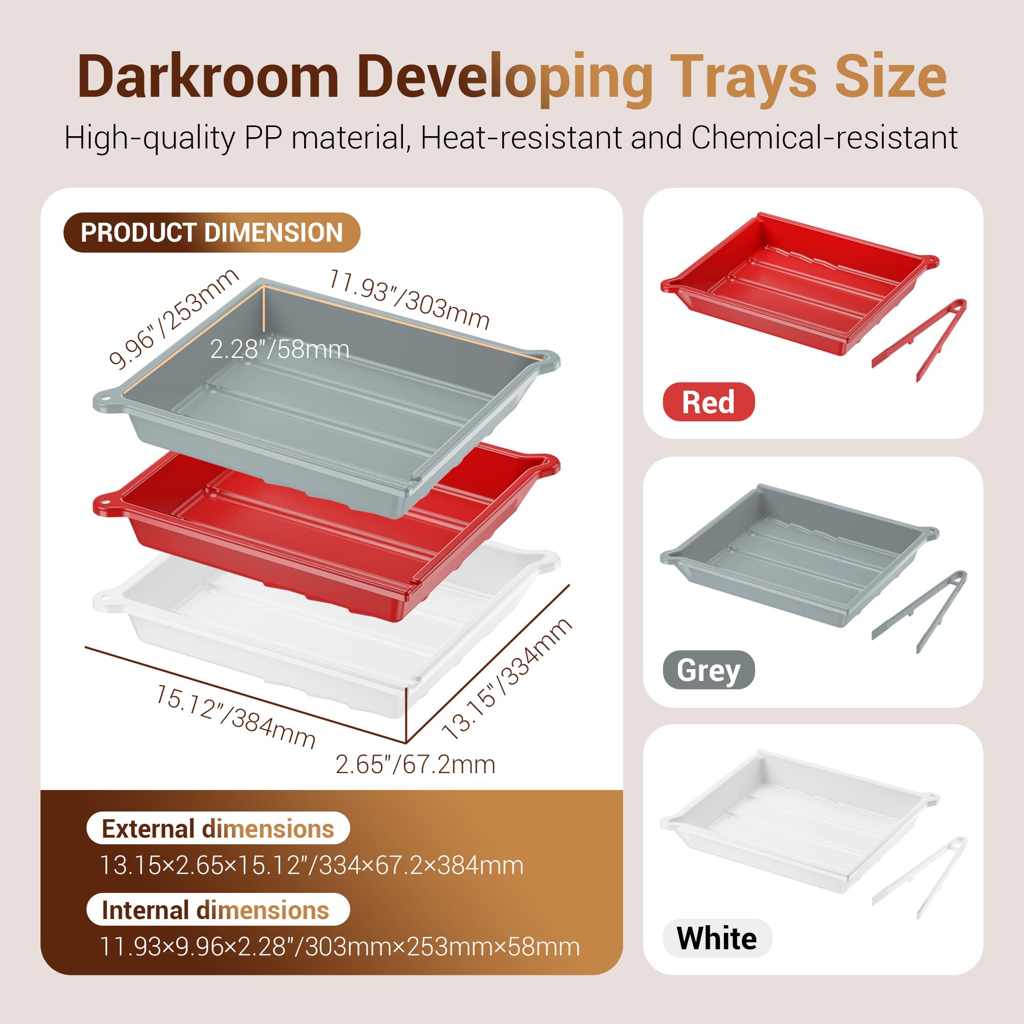 JJC Darkroom Plateau de développement de film pour impression photo avec clip en silicone, port de drainage et fente pour thermomètre, 33,4 x 38,4 cm, blanc