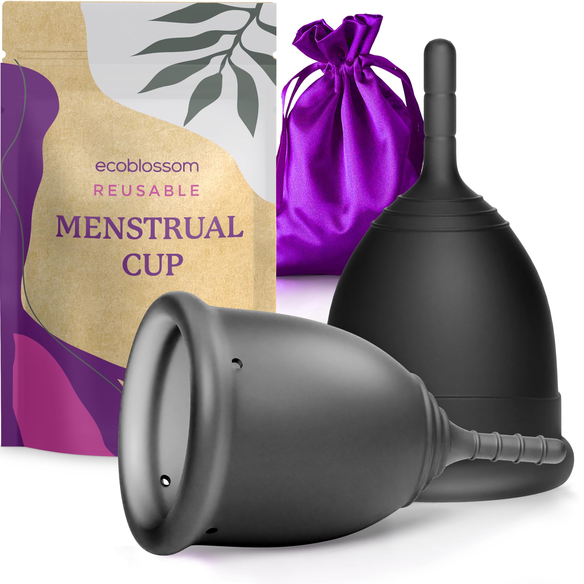 EcoBlossom Menstrual Cup Kit - Tampon, Pad, and Disc Alternative Product - Wear for 12 Hours - Reusable Period Cup/Copa Designed with Soft Flexible Medical-Grade Silicone (Small & Large)