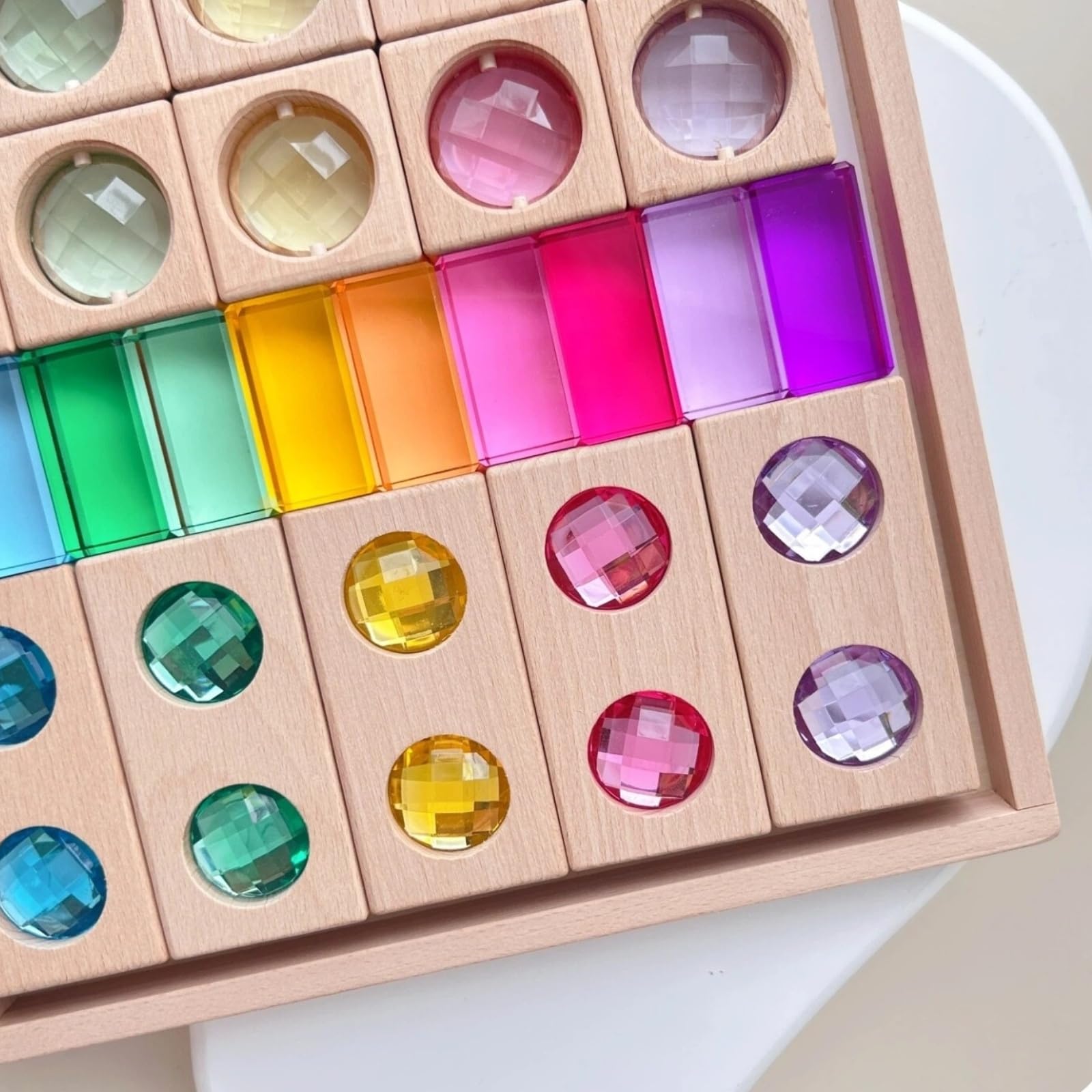 Sinnes-Stapelspiel transparent pädagogisch-Steckspiel farbig Regenbogen-Stapelspielzeug, Regenbogen-Edelsteine Und Holzblöcke Set 3