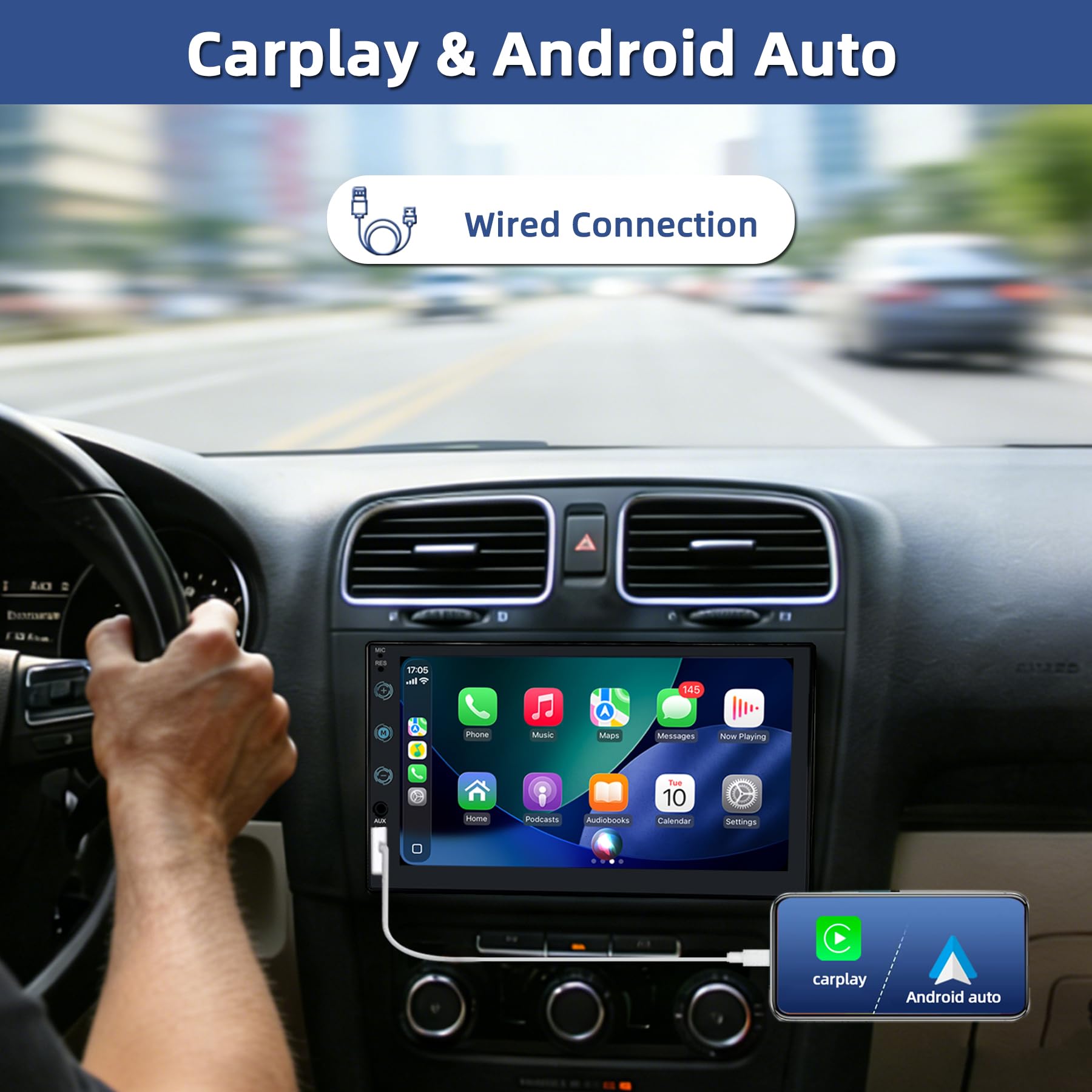 Radio Coche 2 DIN con Carplay y Android Auto por Cable - Pantalla Táctil de 7 Pulgadas con Cámara Trasera, Mirror Link, USB/AUX/FM, Apto para Vehículos de 12V