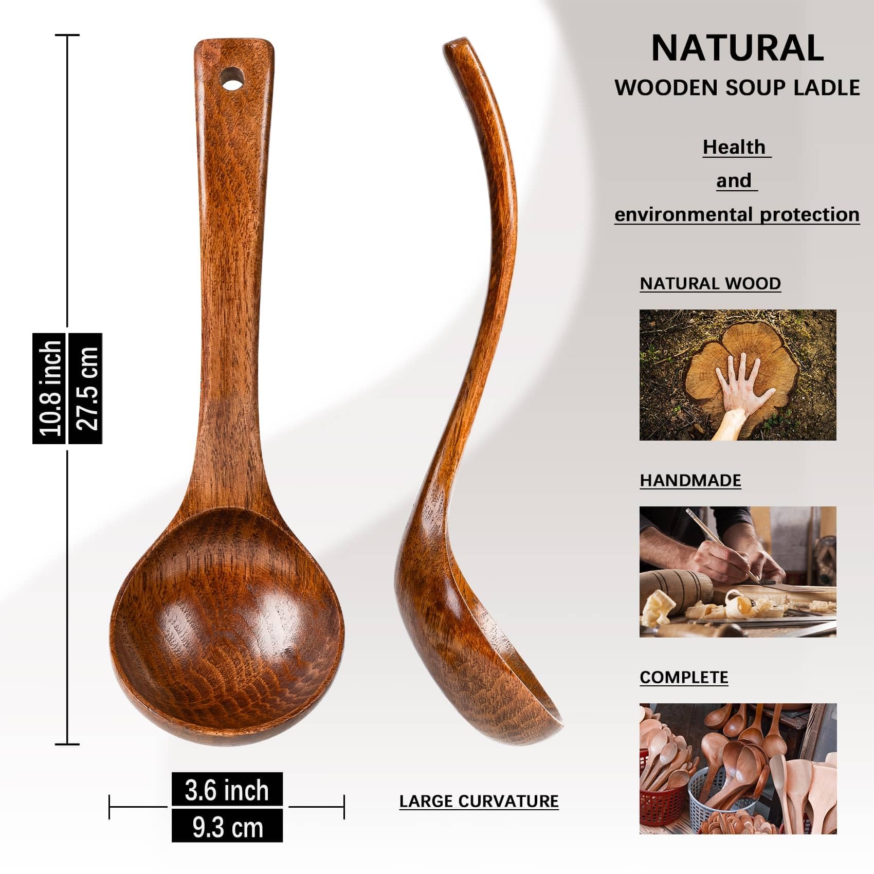 Cucharón de sopa de madera, mango largo de 3.5 onzas de profundidad, utensilio para servir y cocinar, cucharas de madera dura para sopa, cucharón de sopa de madera, natural y sostenible