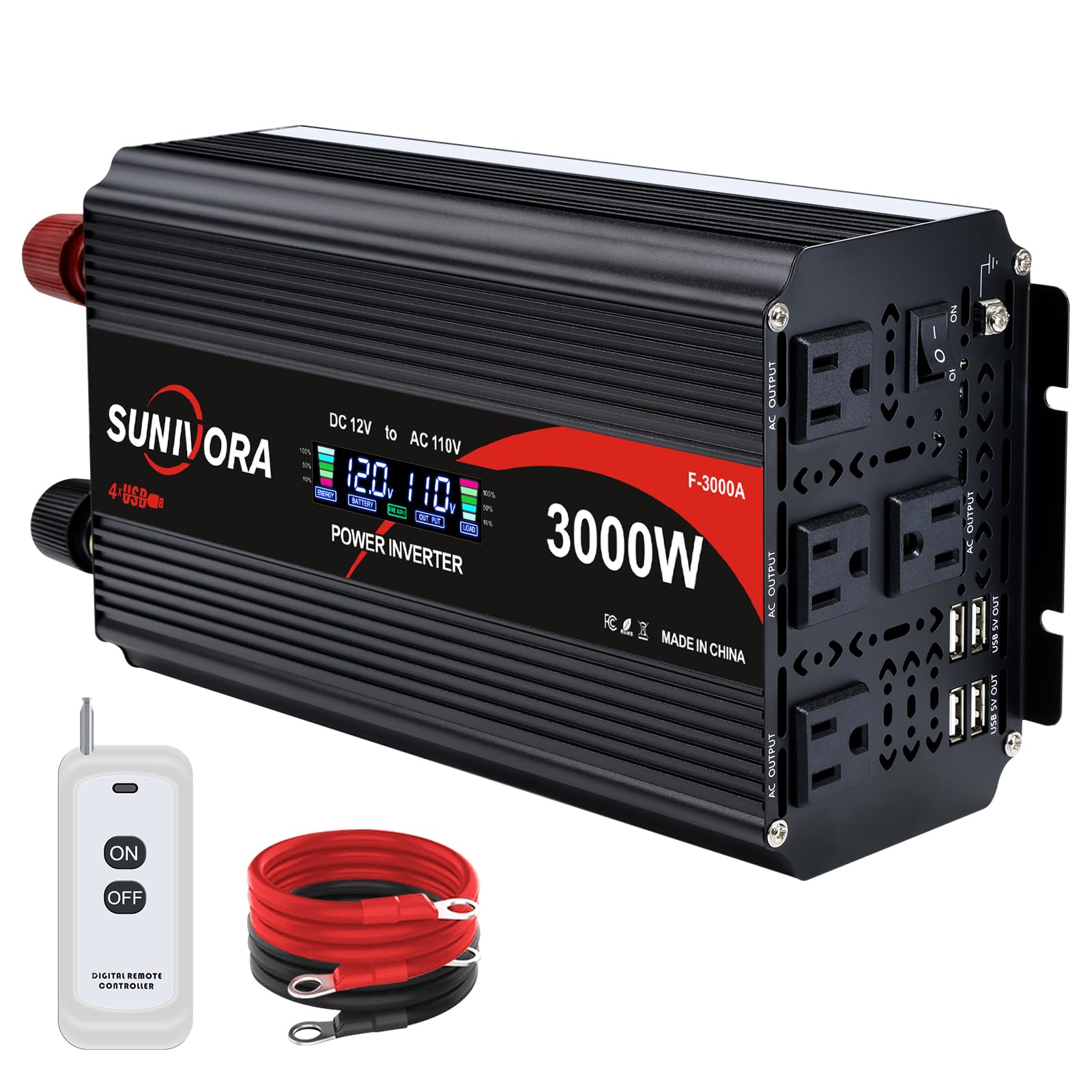 Sunivora 3000 Watt Inverter with LCD & Remote Control 12V DC to 110V/120V AC 60HZ Power Converter 6000W(Peak) with 4 Sockets & 4 USB Ports Power Inverters for Vehicles RV Truck Camping