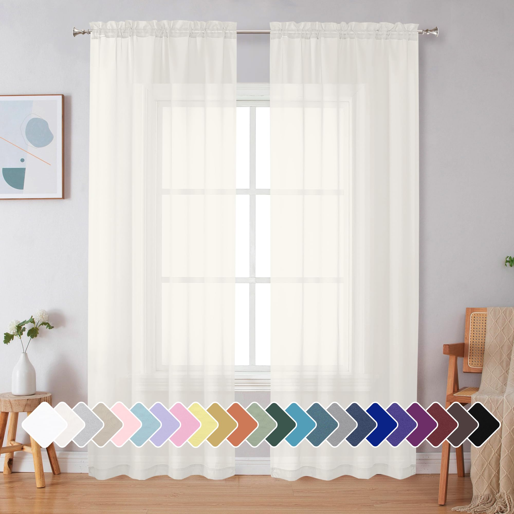 Simplebrand Ivory Sheer Curtains 90 Inches Long 2 Panels for Living Room