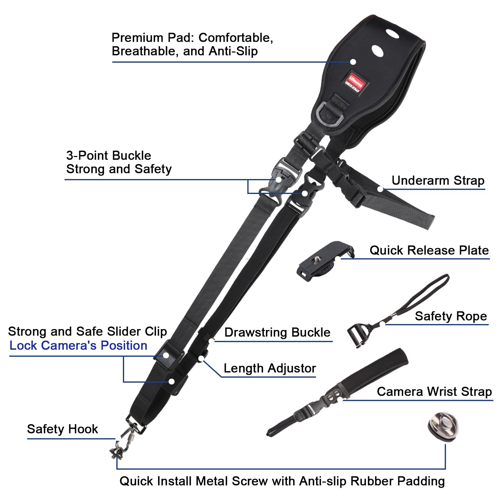 Tracolla Macchina Fotografica, Set di Tracolla Fotocamera e Cinghia da Polso, Cinghia per Fotocamera con Cordino di Sicurezza, Tracolla Reflex Sgancio Rapido Regolabile per DSLR SLR