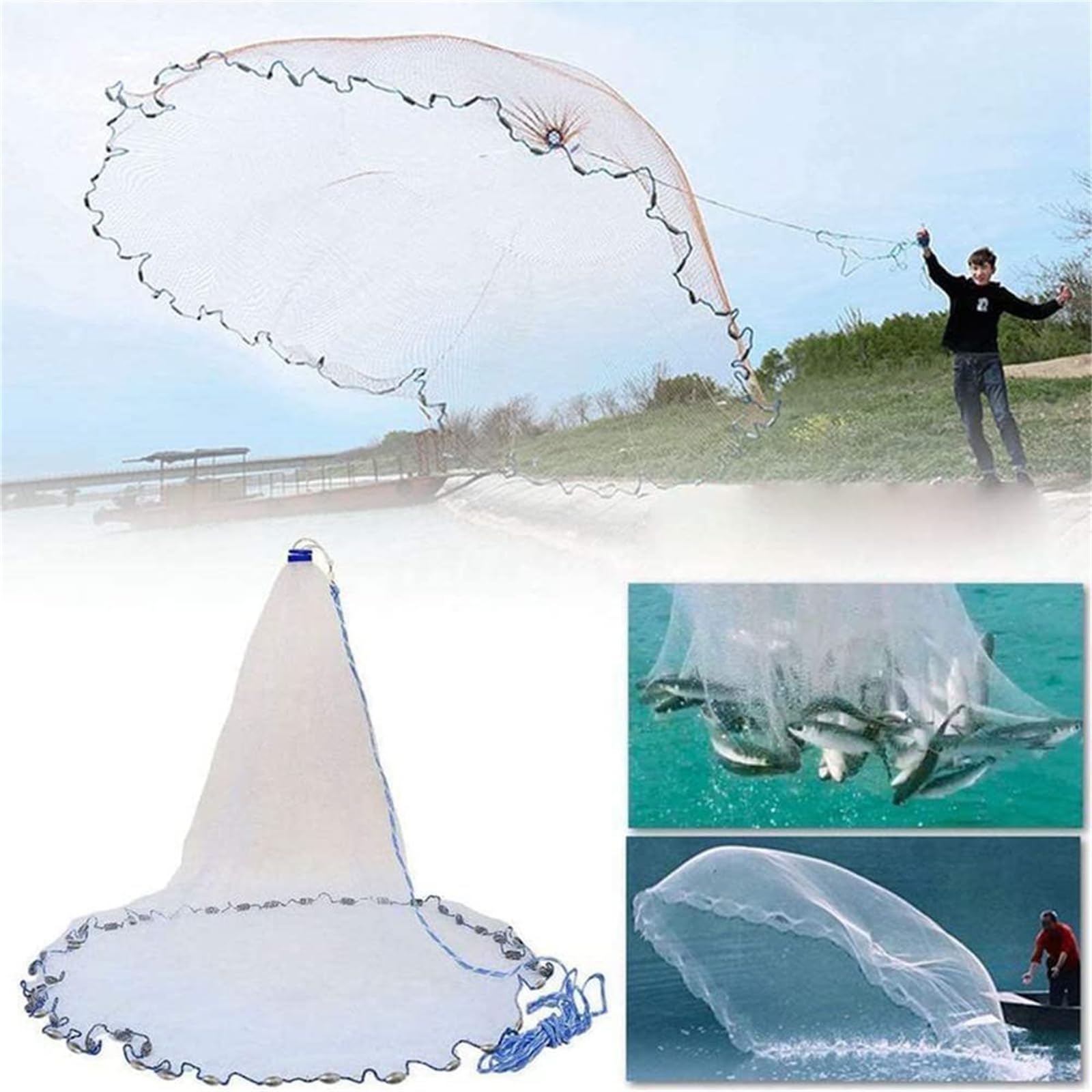 Red de pesca portátil de 4,2 m, red de pesca con sumidero, cuerda de mano, 15 m de longitud