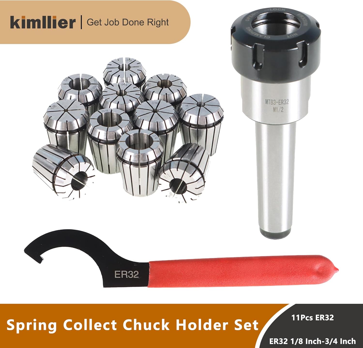 kimllier ER-32 MT3 Spring Collect Chuck Holder Set with 11Pcs ER32 1/8 Inch-3/4 Inch Collet Set and Wrench Fit for CNC Engraving Machine and Milling Lathe Tool