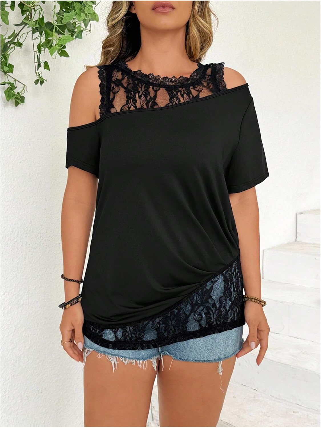 Verdusa Women's Plus Size Lace Cold Shoulder T Shirt Short Sleeve Going Out Tops Tunics Shirts - Image 4