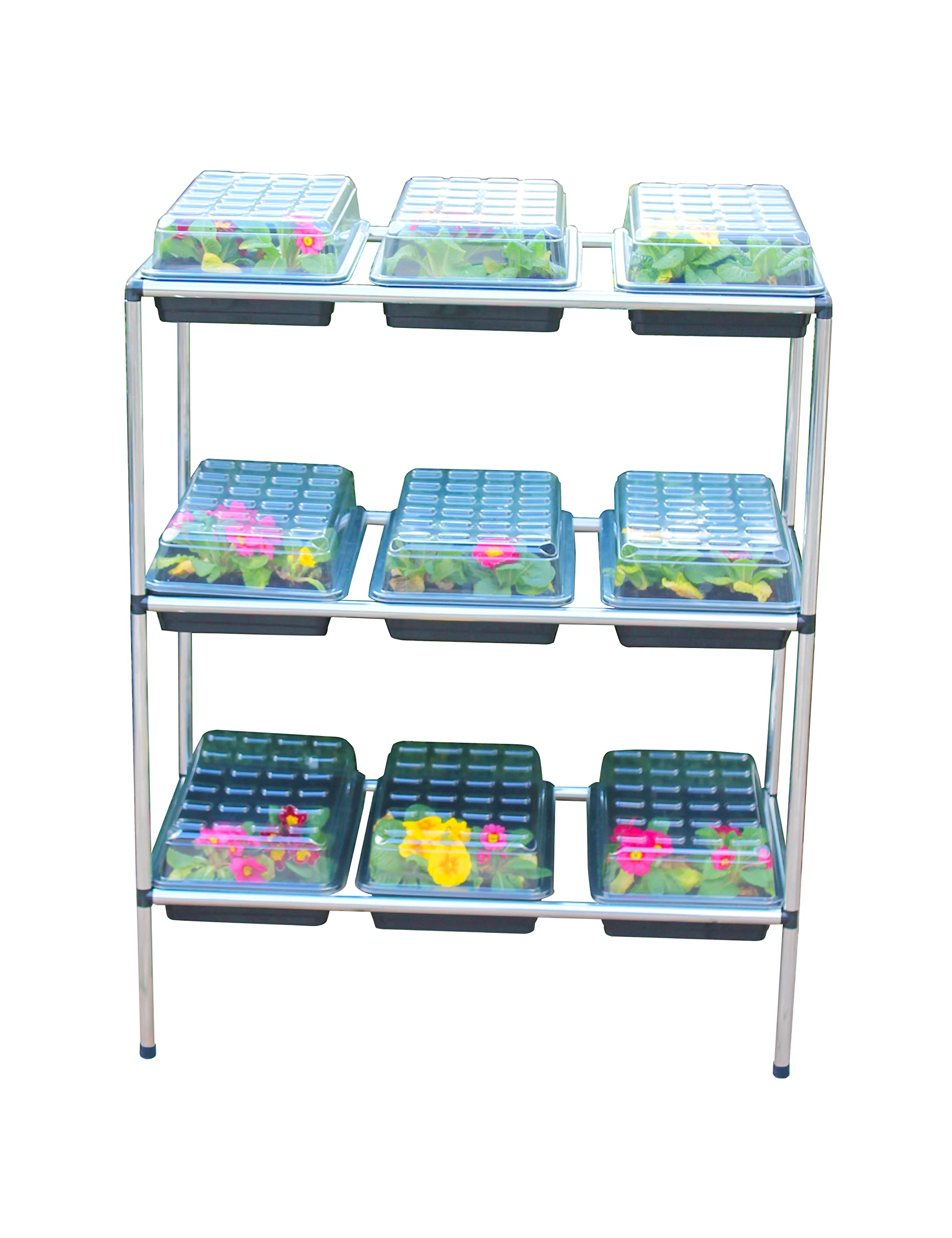 Gardening Naturally Aluminium Seed Tray Stand, 3-Tier, 9 Trays Without Holes & Lids, Silver, Aluminium