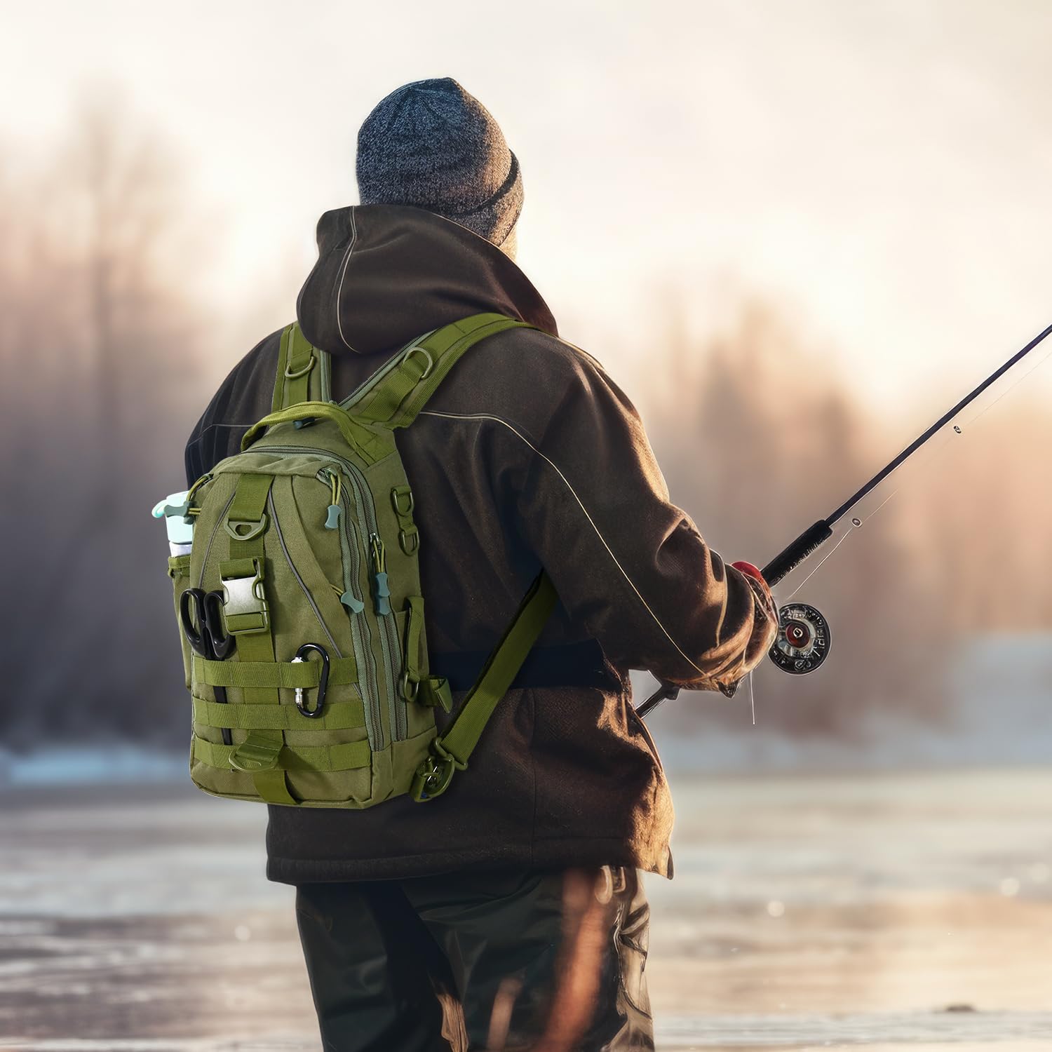 Aertiavty Mochila de pesca, bolsa de pesca con caja de aparejos, bolsa compacta para aparejos de pesca, mochila de aparejos de pesca con soporte para caña para deportes al aire libre, regalos de pesca