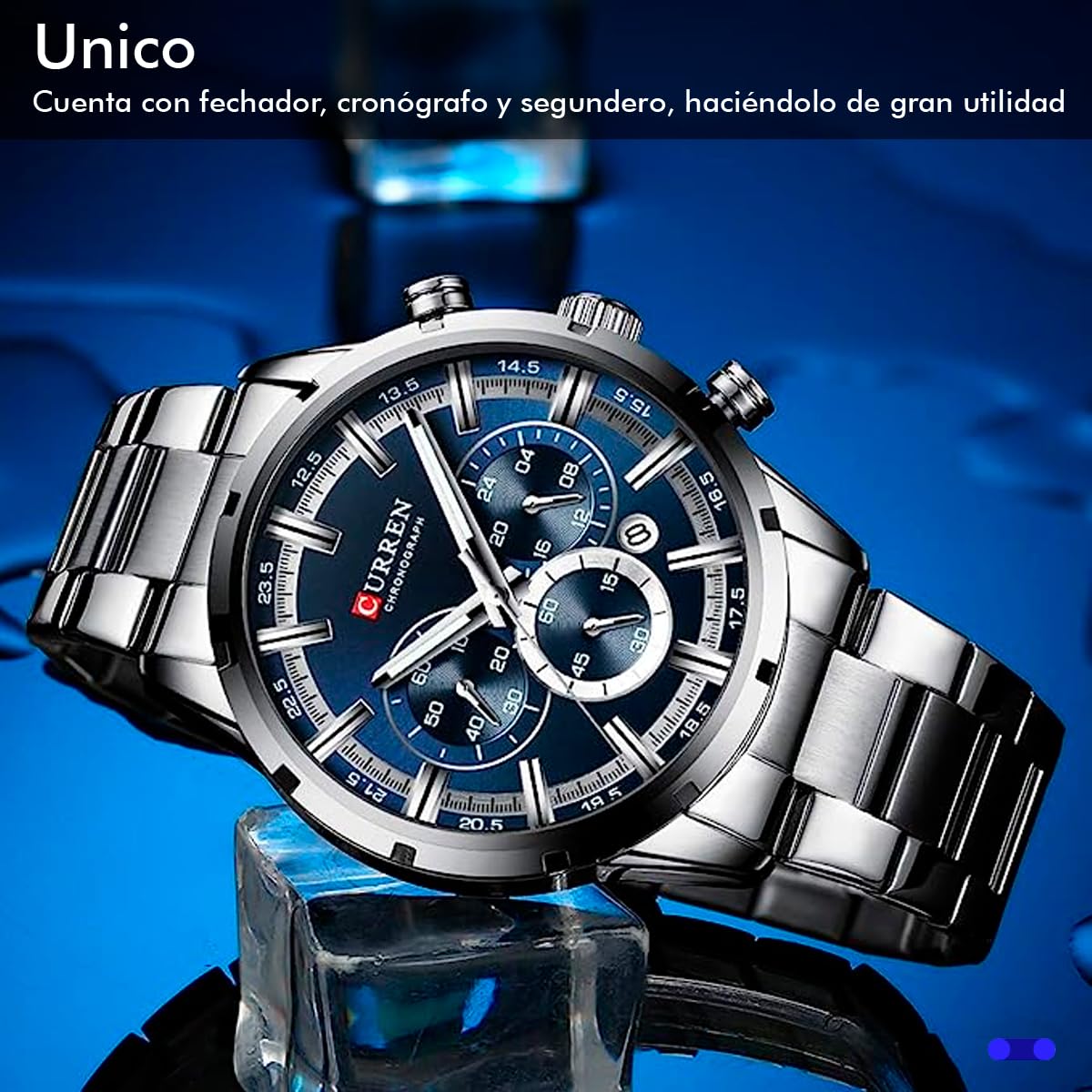 CURREN Reloj de Pulsera para Hombre, Análogo, con Fechador, Cronógrafo, Robusto y Extensible de Acero Inoxidable, Elegante y Moderno, Broche a Presión, Plateado, m, pulsera