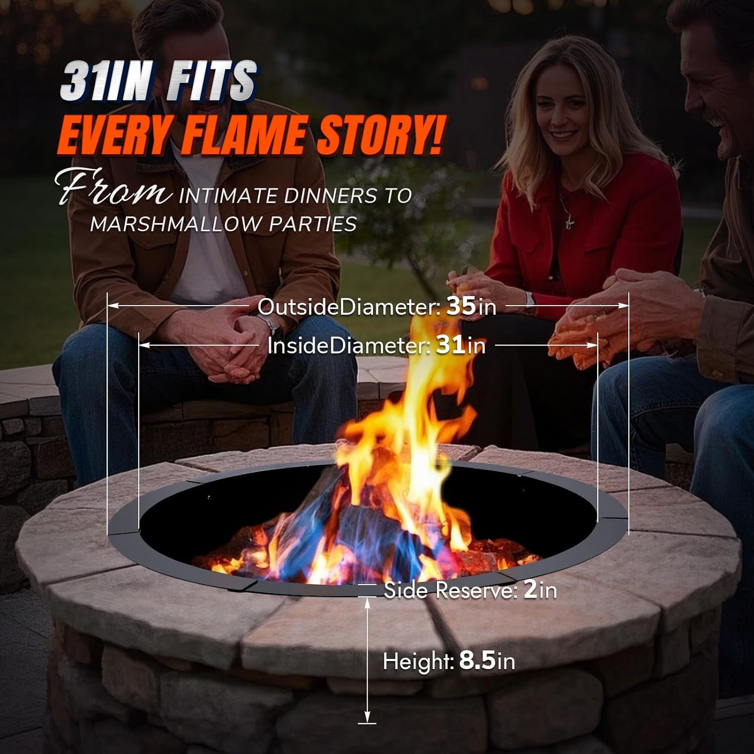 INNO STAGE 31 Inch Fire Pit Ring (35 Inch Outer), Heavy Duty Steel Fire Ring Outside, Large Round Fire Pit Insert, DIY Camping Fire Ring, Above or In-Ground, Black Carbon for Patio Backyard Bonfire
